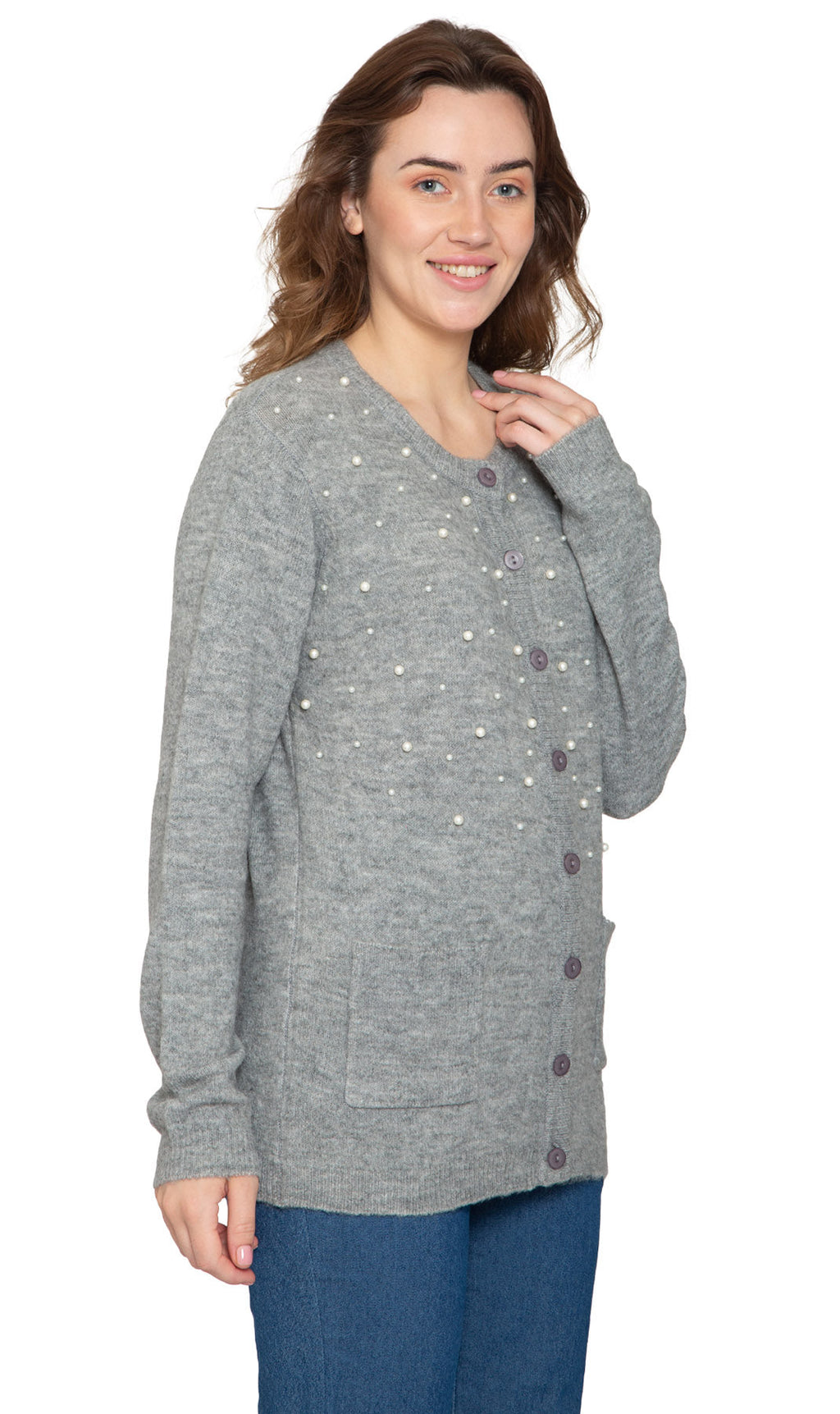 Women's Faux Pearl Button Cardigan Soft Cashmere-Like Knit Top