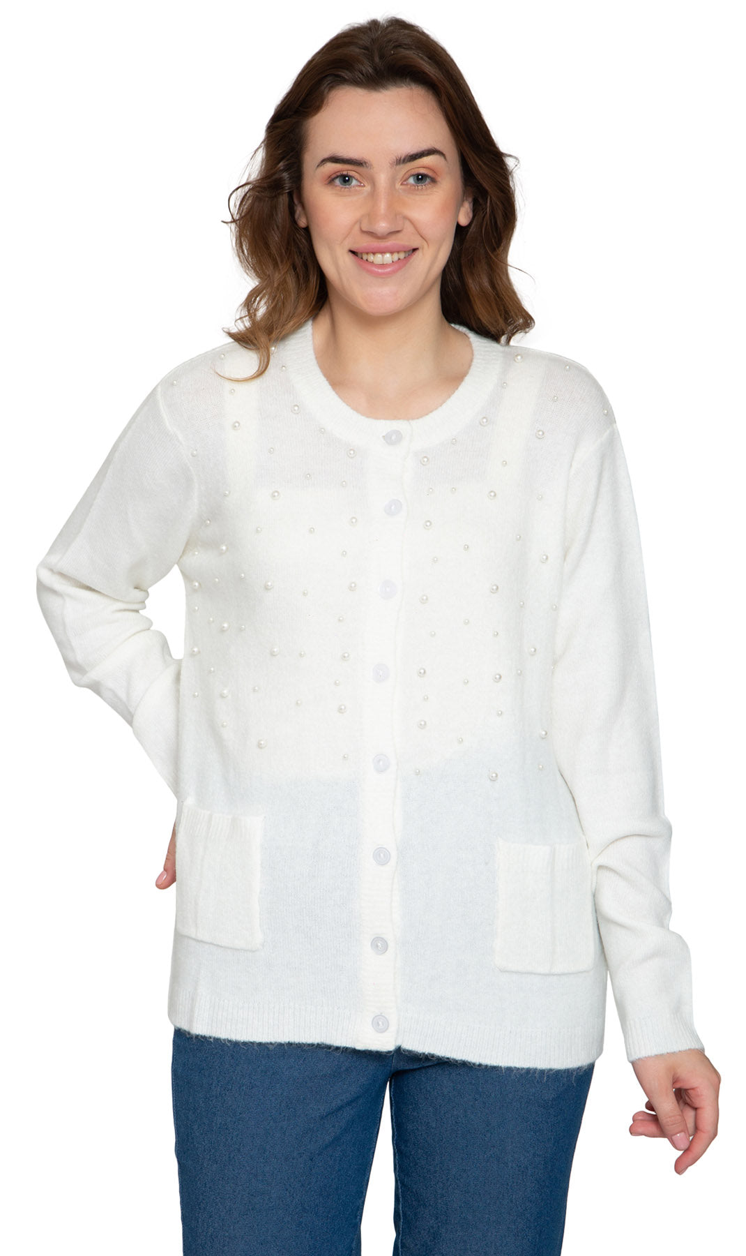 Women's Faux Pearl Button Cardigan Soft Cashmere-Like Knit Top