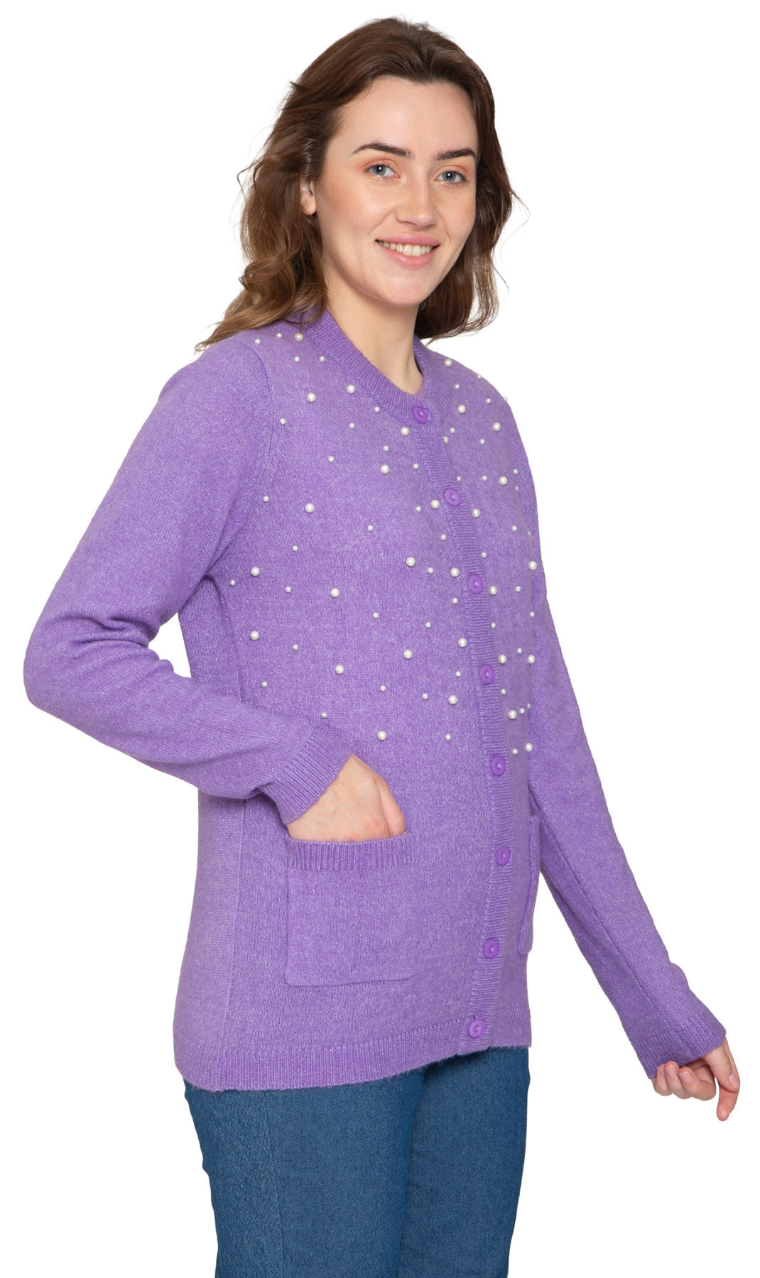 Women's Faux Pearl Button Cardigan Soft Cashmere-Like Knit Top