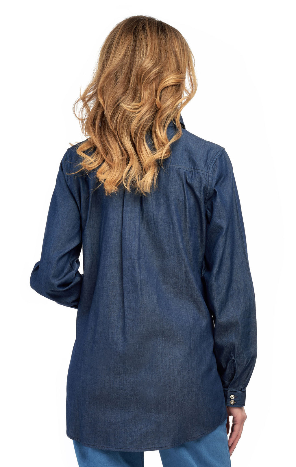 Women's Long Sleeve Denim Tunic Top in Blue Button Down Shirt