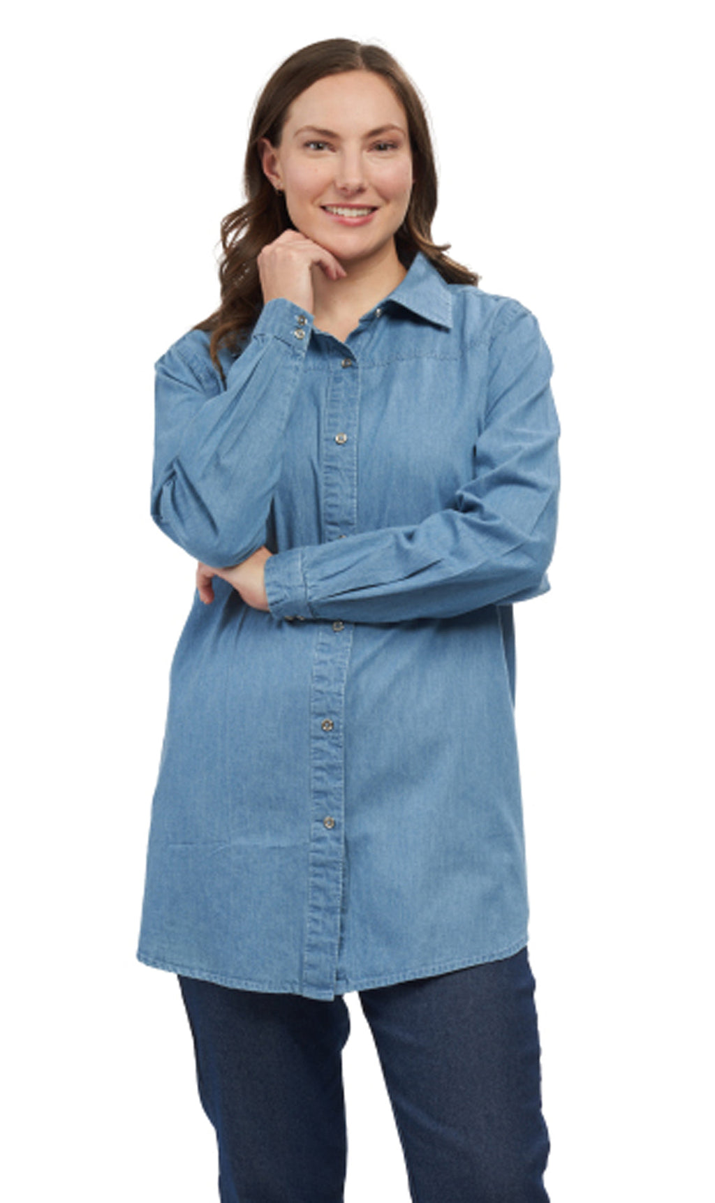 Women's Long Sleeve Denim Tunic Top in Blue Button Down Shirt