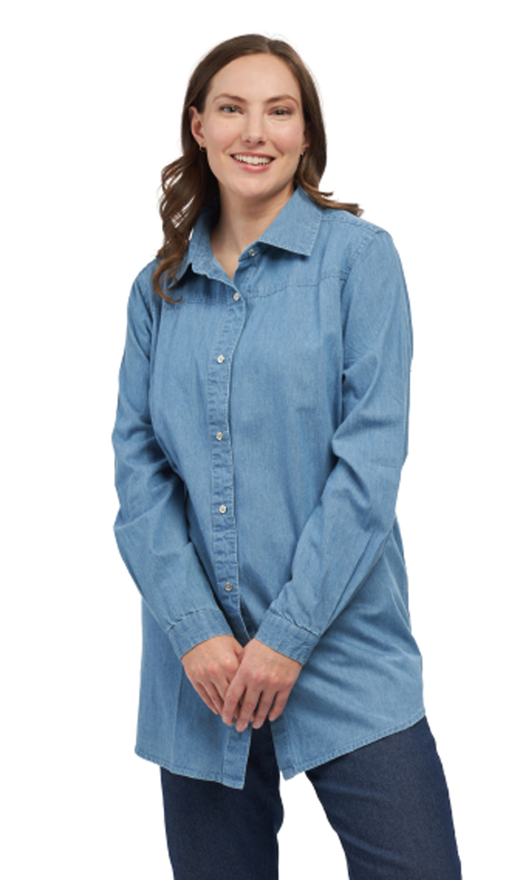 Women's Long Sleeve Denim Tunic Top in Blue Button Down Shirt