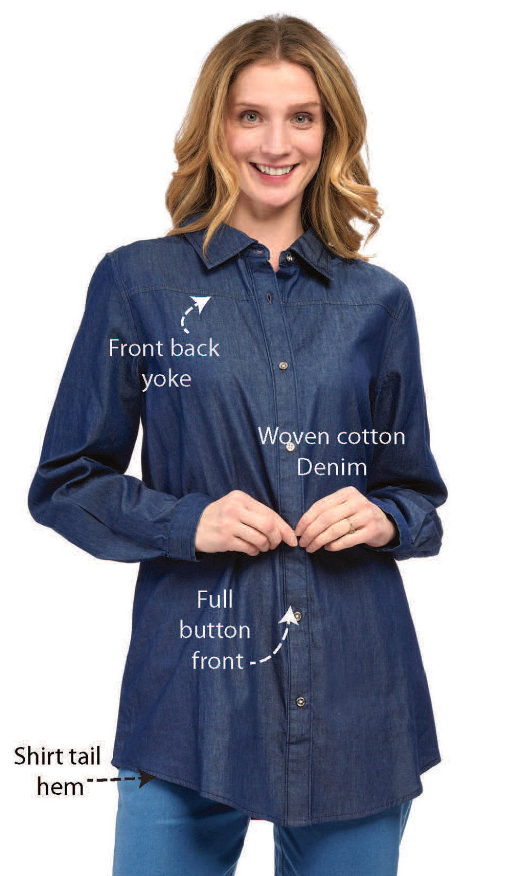 Women's Long Sleeve Denim Tunic Top in Blue Button Down Shirt