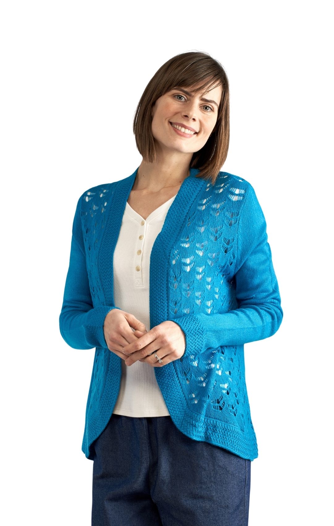 Women's Open Front Pointelle Shrug Curved Hem Knit Cardigan