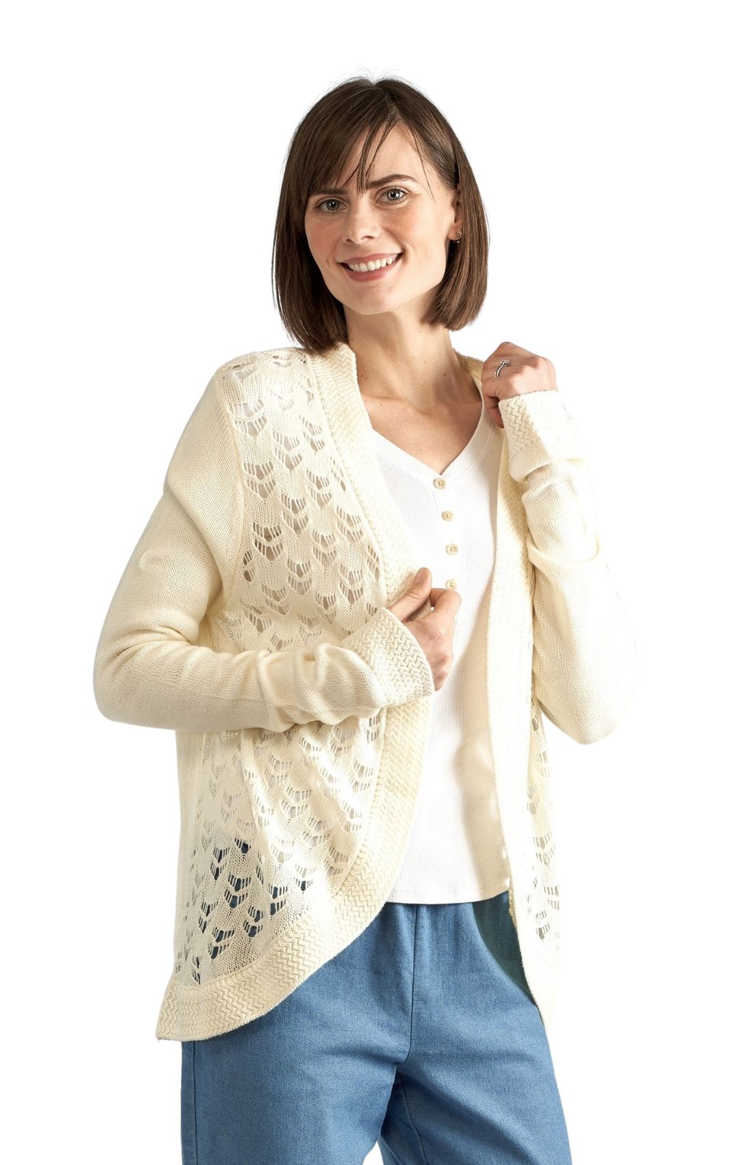 Women's Open Front Pointelle Shrug Curved Hem Knit Cardigan