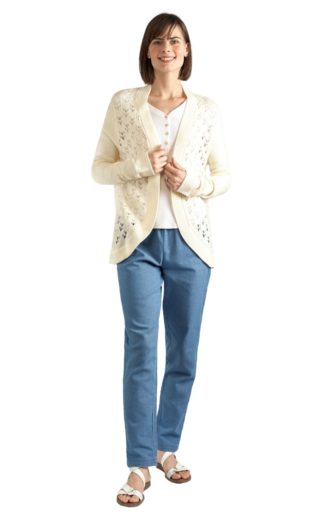 Women's Open Front Pointelle Shrug Curved Hem Knit Cardigan