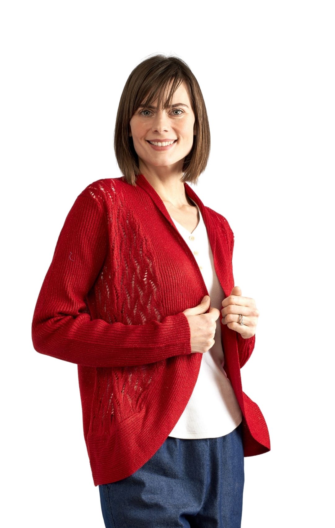 Women's Open Front Metallic Glitter Shrug in Blue or Red