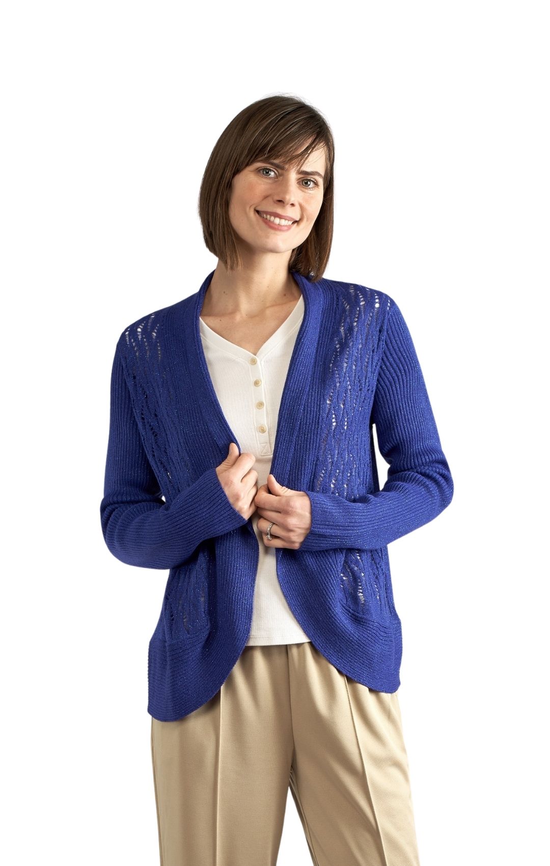 Women's Open Front Metallic Glitter Shrug in Blue or Red