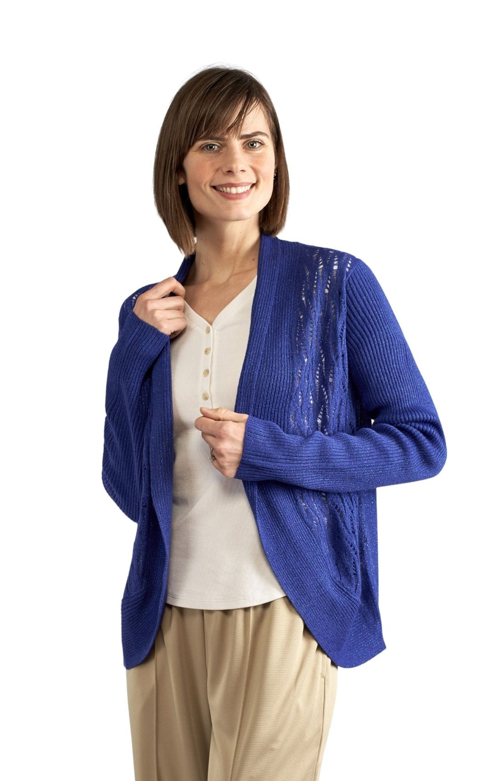 Women's Open Front Metallic Glitter Shrug in Blue or Red