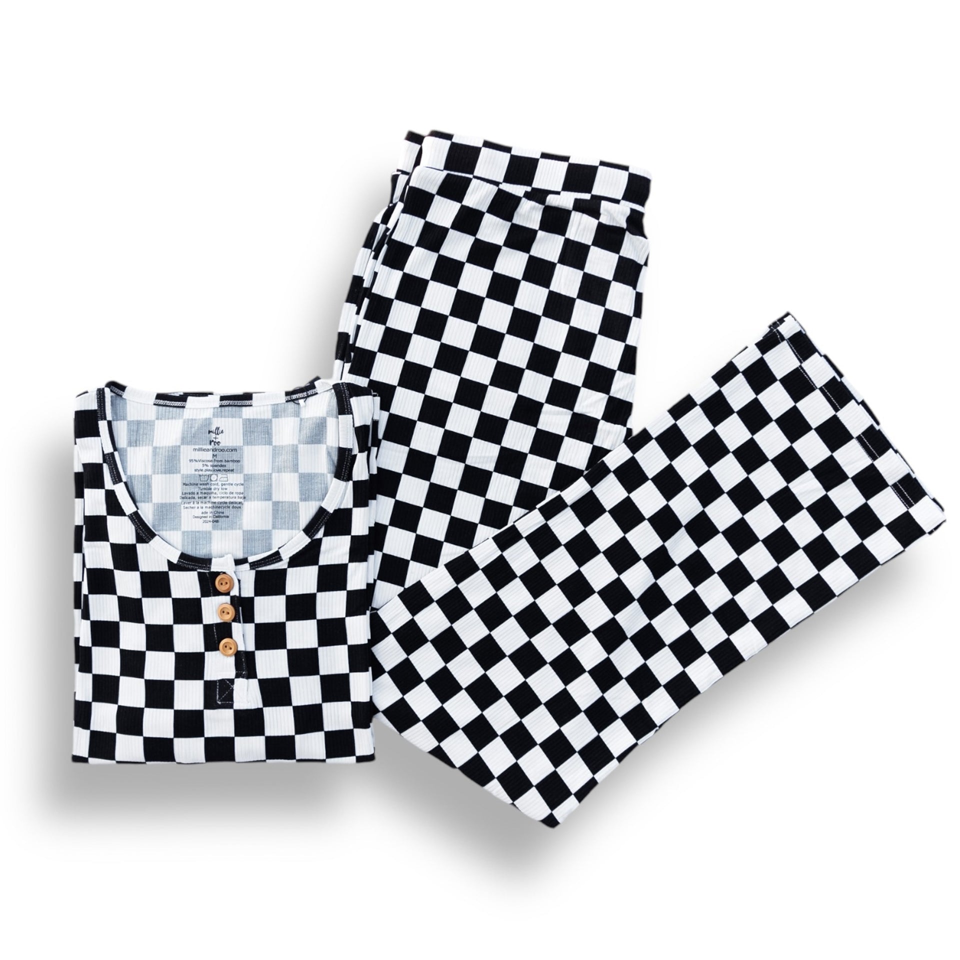 Women's Black and White Checkerboard Ribbed Pajama Set