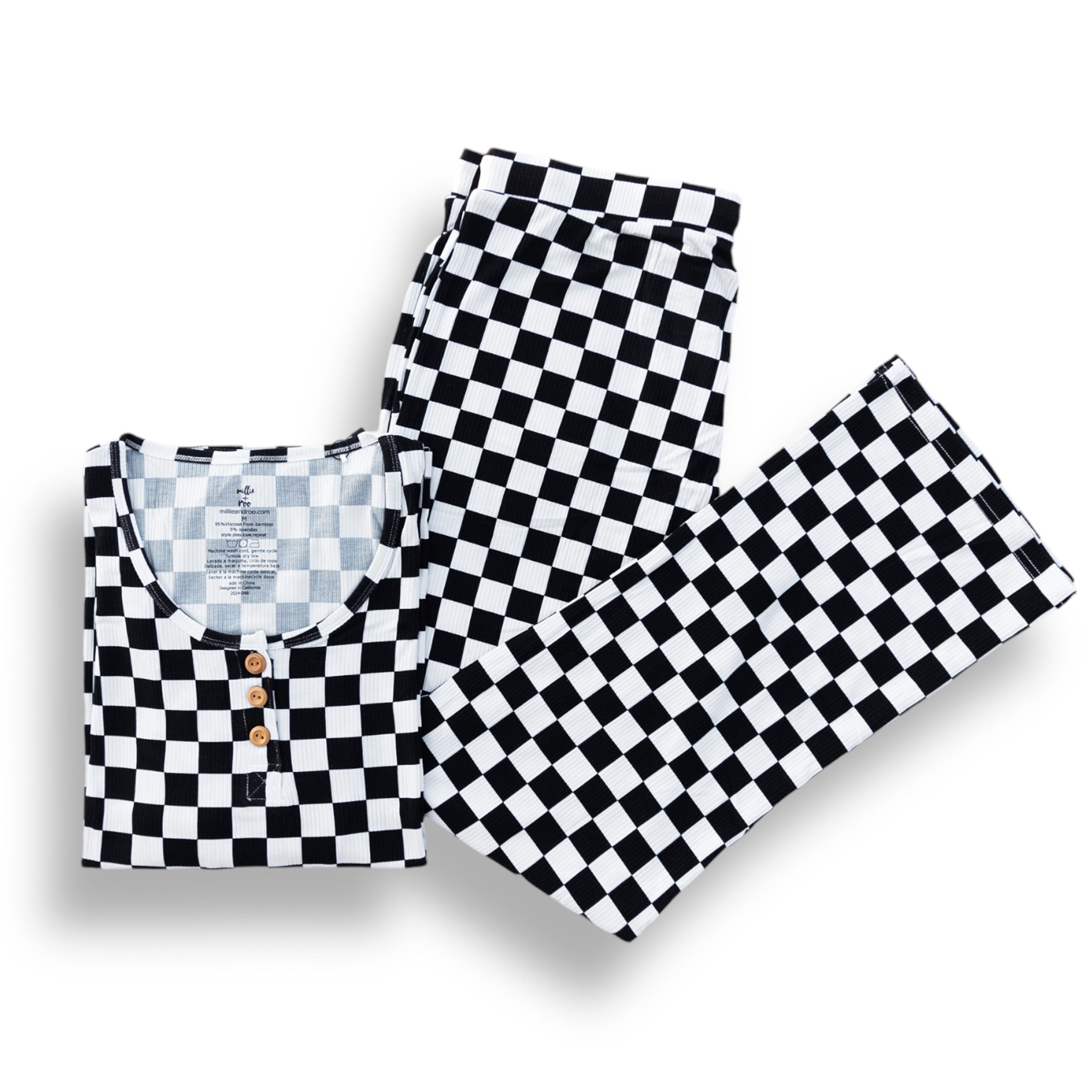 Women's Black and White Checkerboard Ribbed Pajama Set