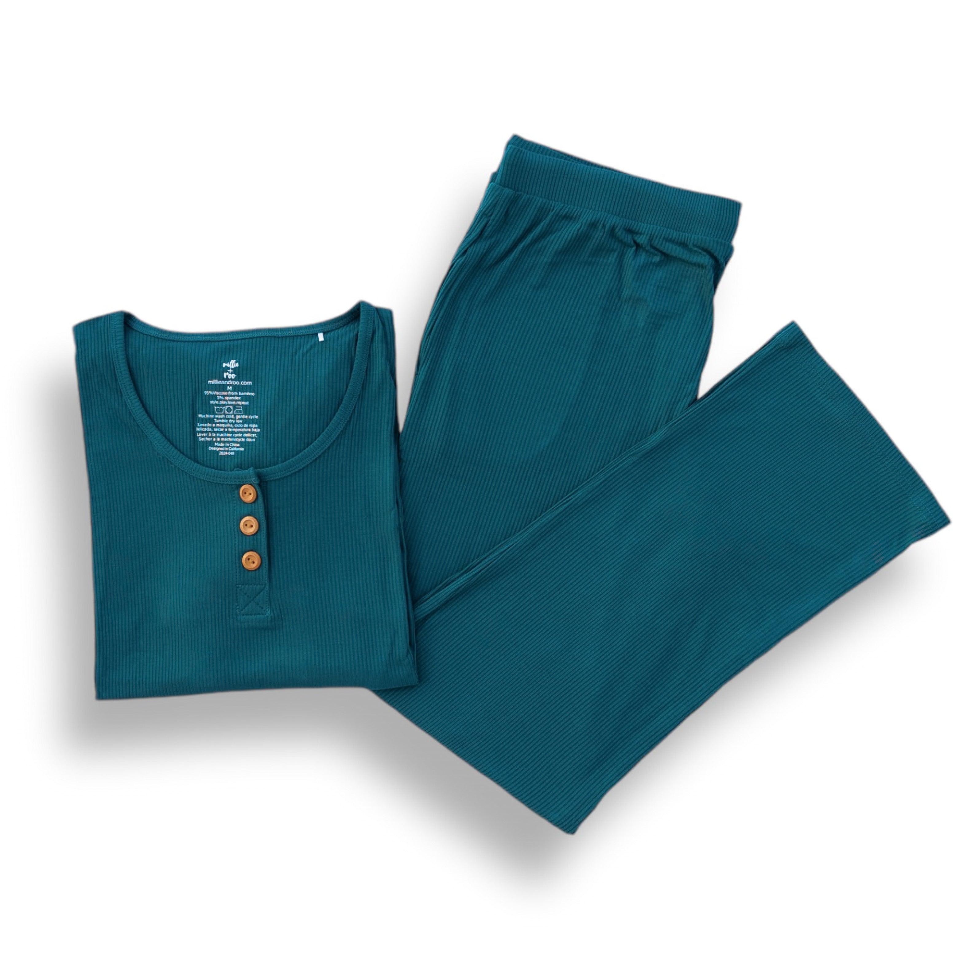 Women's Ribbed Pajama Set in Peacock Bamboo Viscose - Image 4