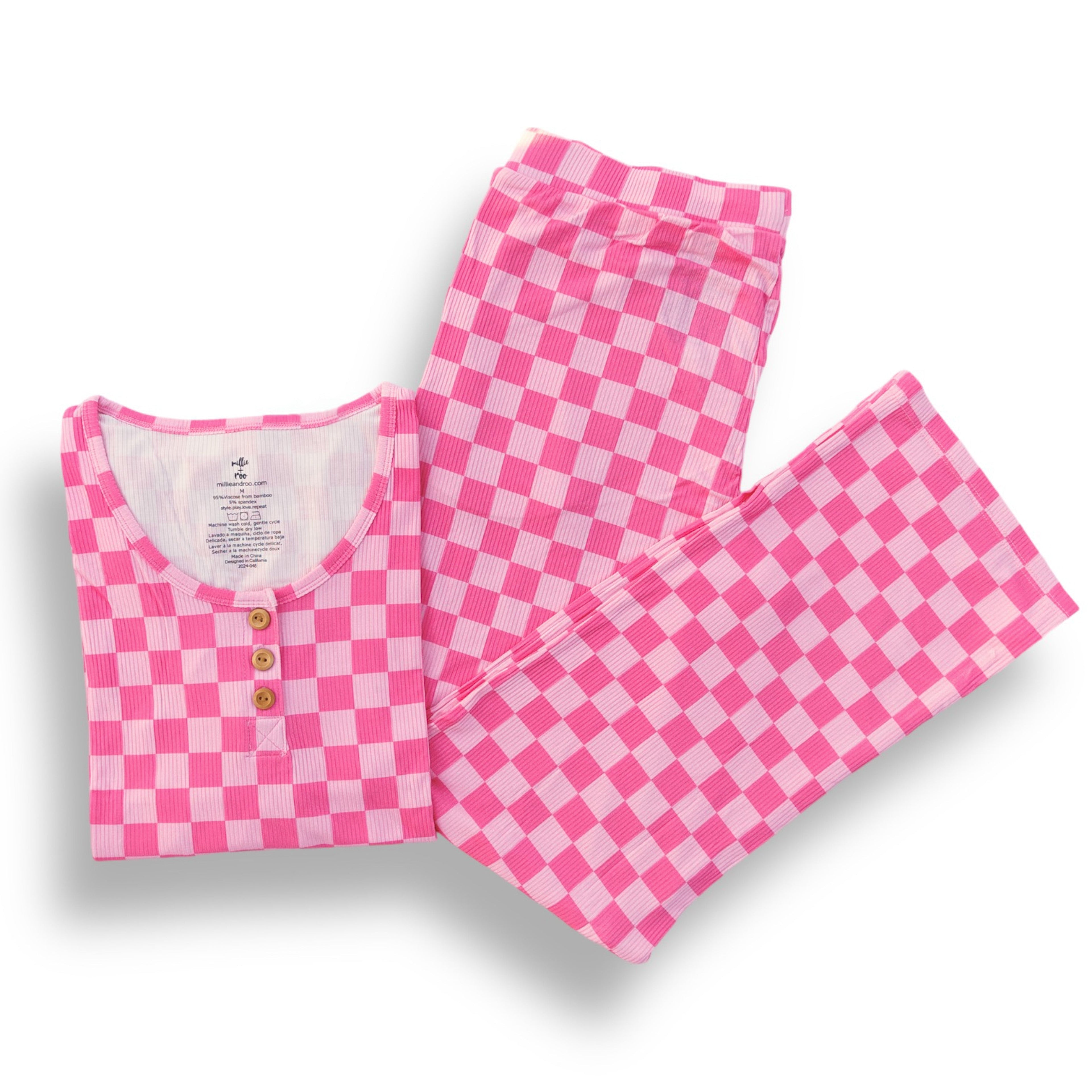 Women's Pink Check Ribbed Pajama Set Soft Bamboo Lounge Set - Image 4