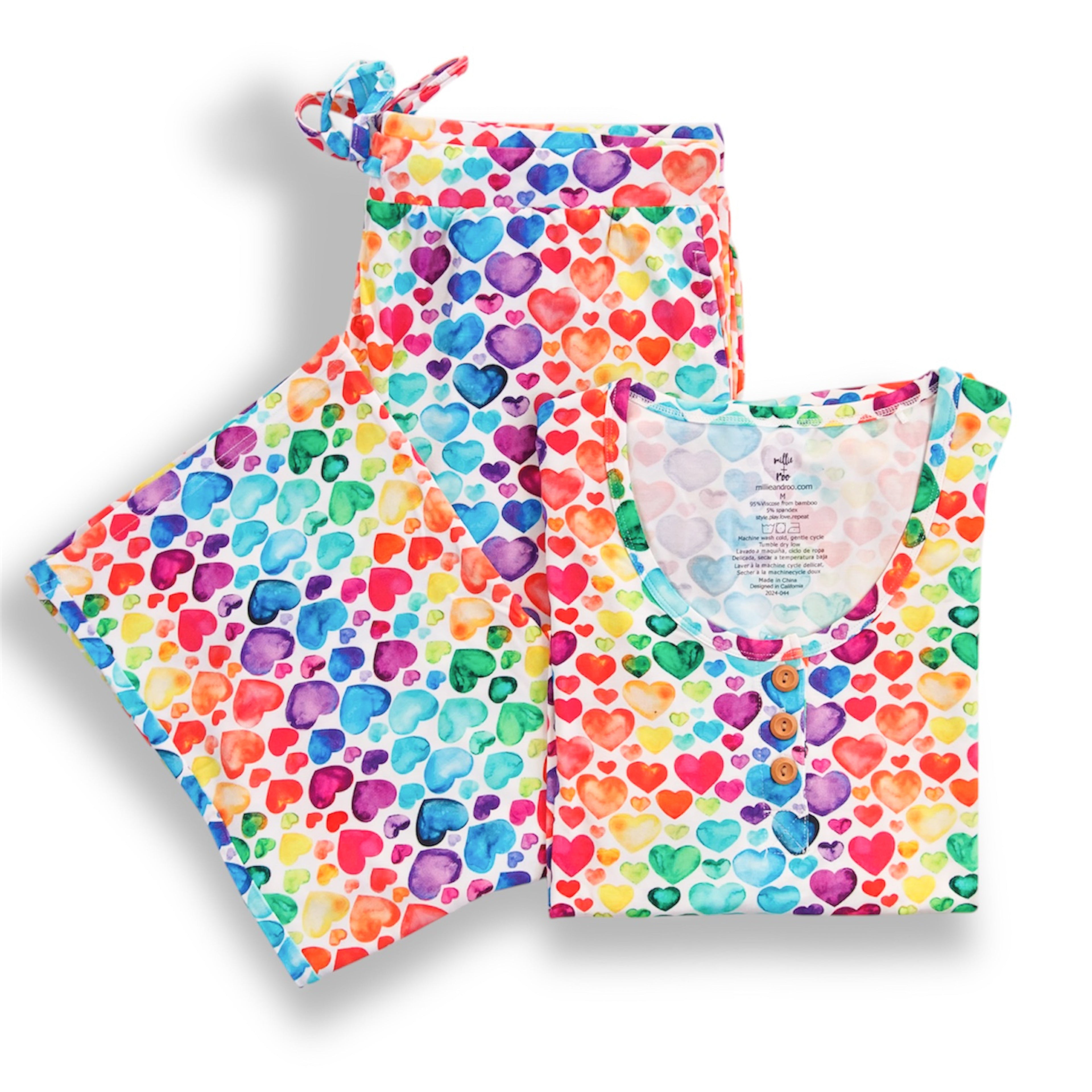 Women's Bamboo Pajama Set in Rainbow Hearts Print - Image 3