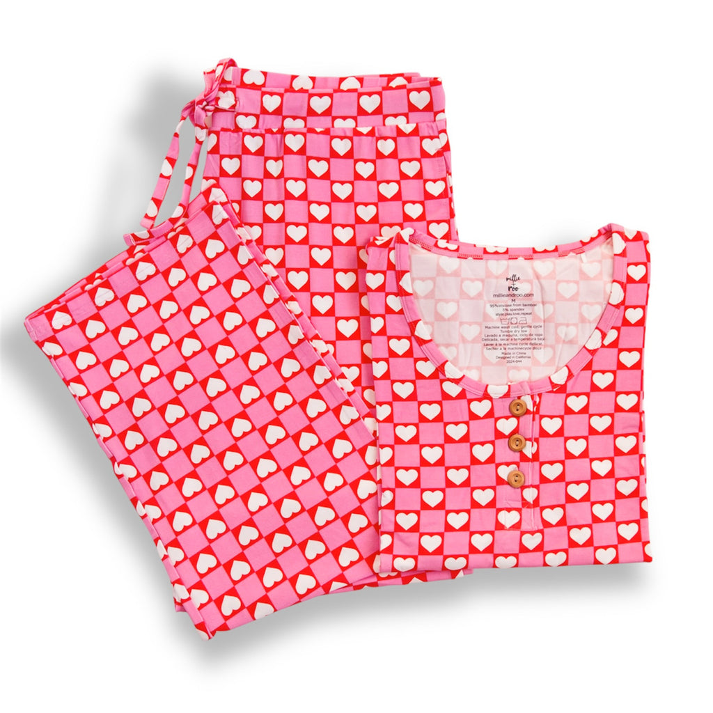 Women's Heart Print Bamboo Pajama Lounge Set in Pink and Red - Image 3