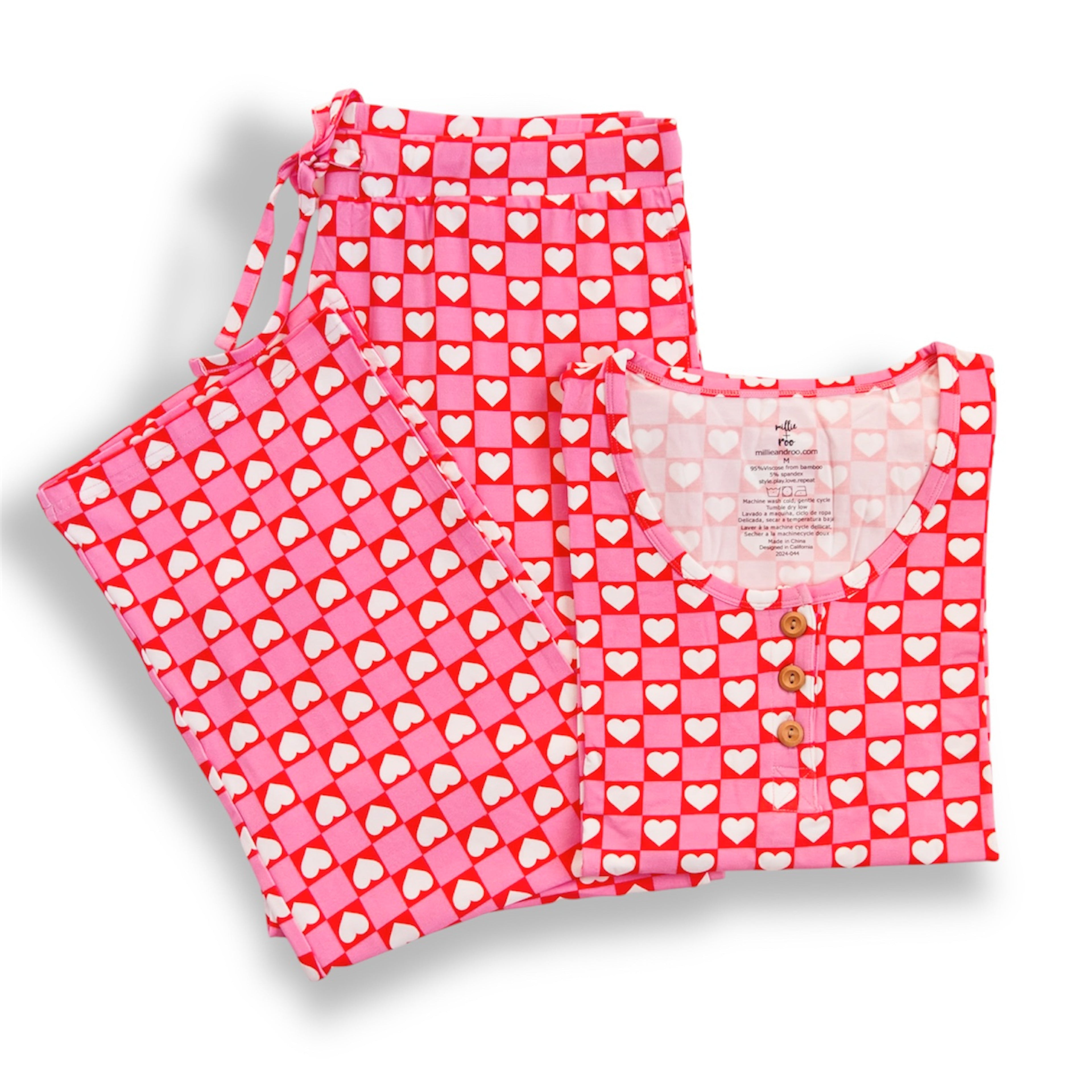 Women's Heart Print Bamboo Pajama Lounge Set in Pink and Red - Image 3