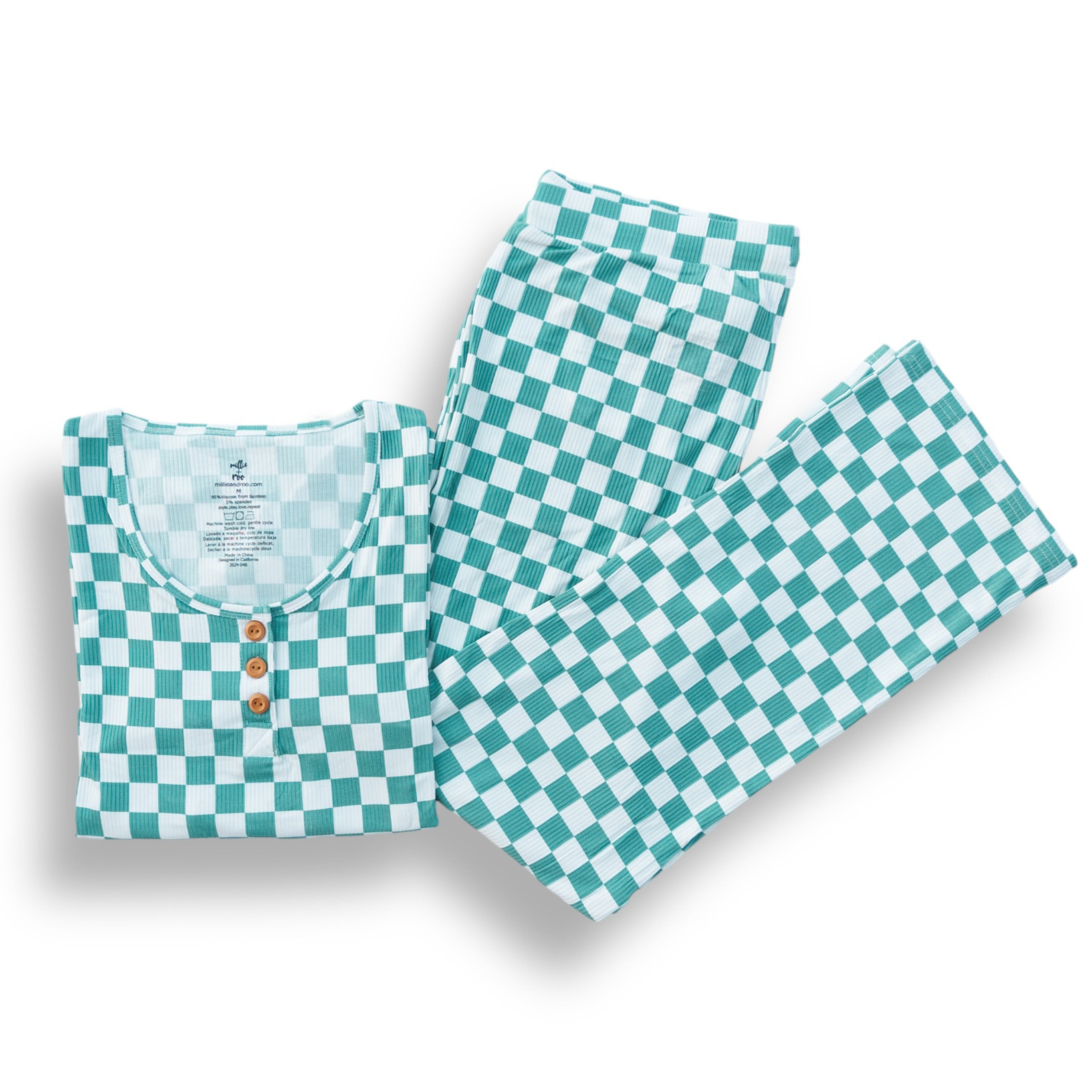 Women's Sage Check Ribbed Pajama Set Soft Bamboo Viscose - Image 3