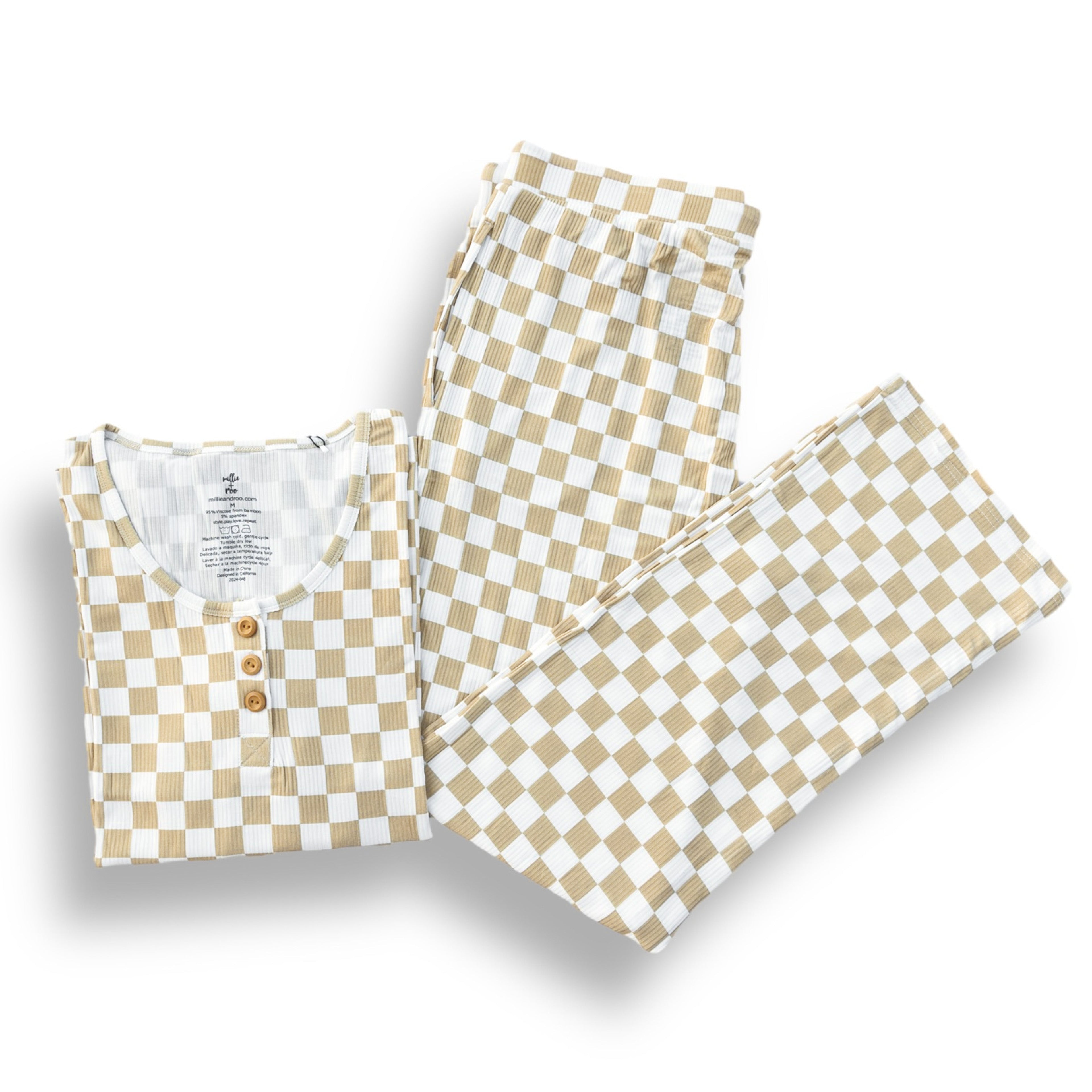 Women's Tan Check Ribbed Pajama Set Bamboo Viscose - Image 3