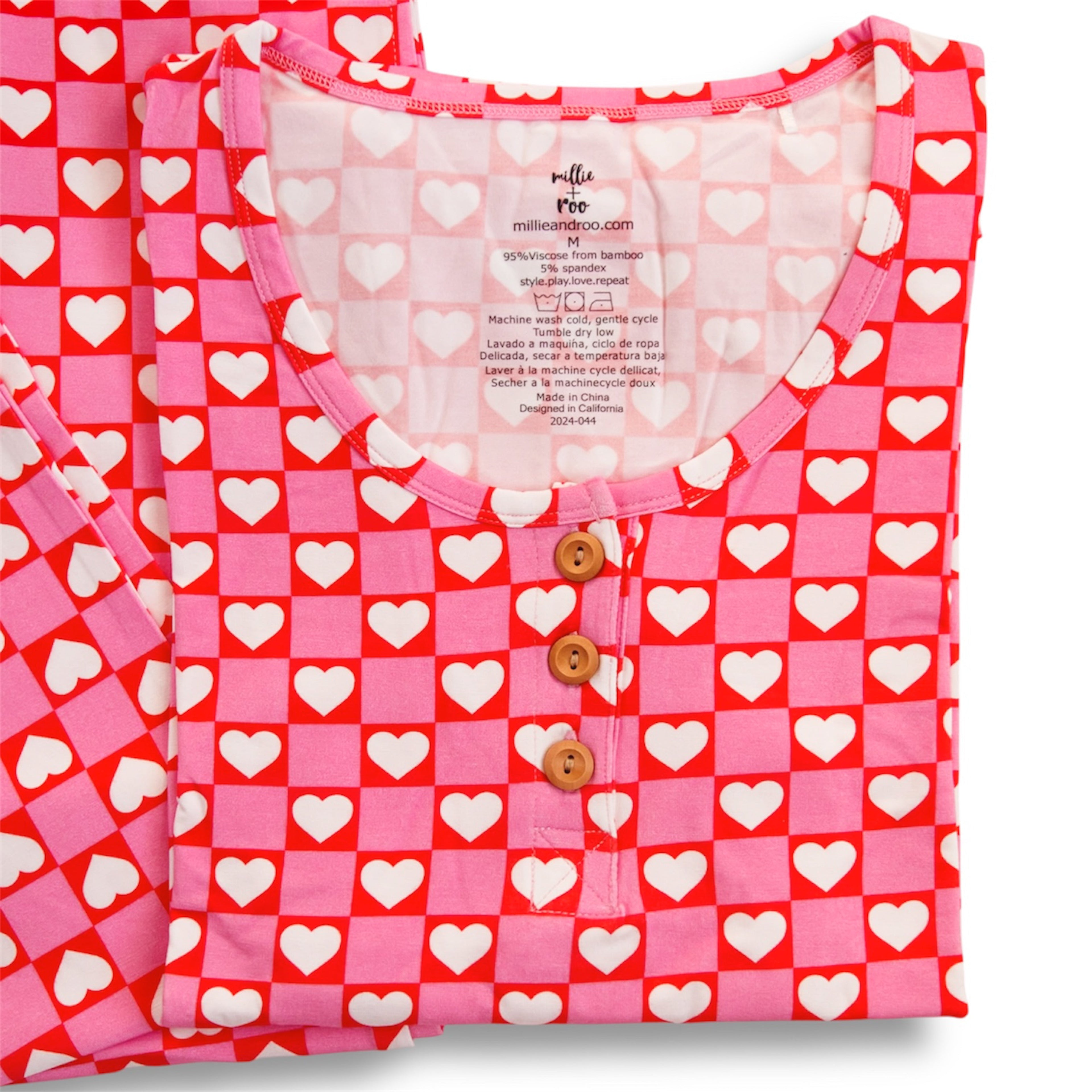 Women's Heart Print Bamboo Pajama Lounge Set in Pink and Red - Image 4
