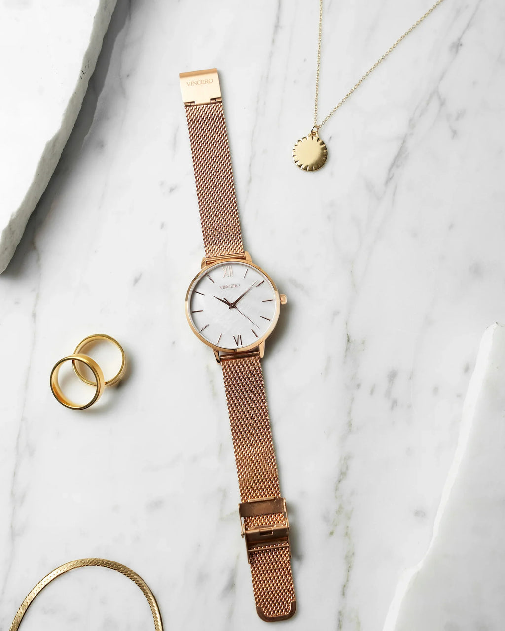 Eros Mesh Petite Watch: Rose Gold and White Pearl Minimalist Dial