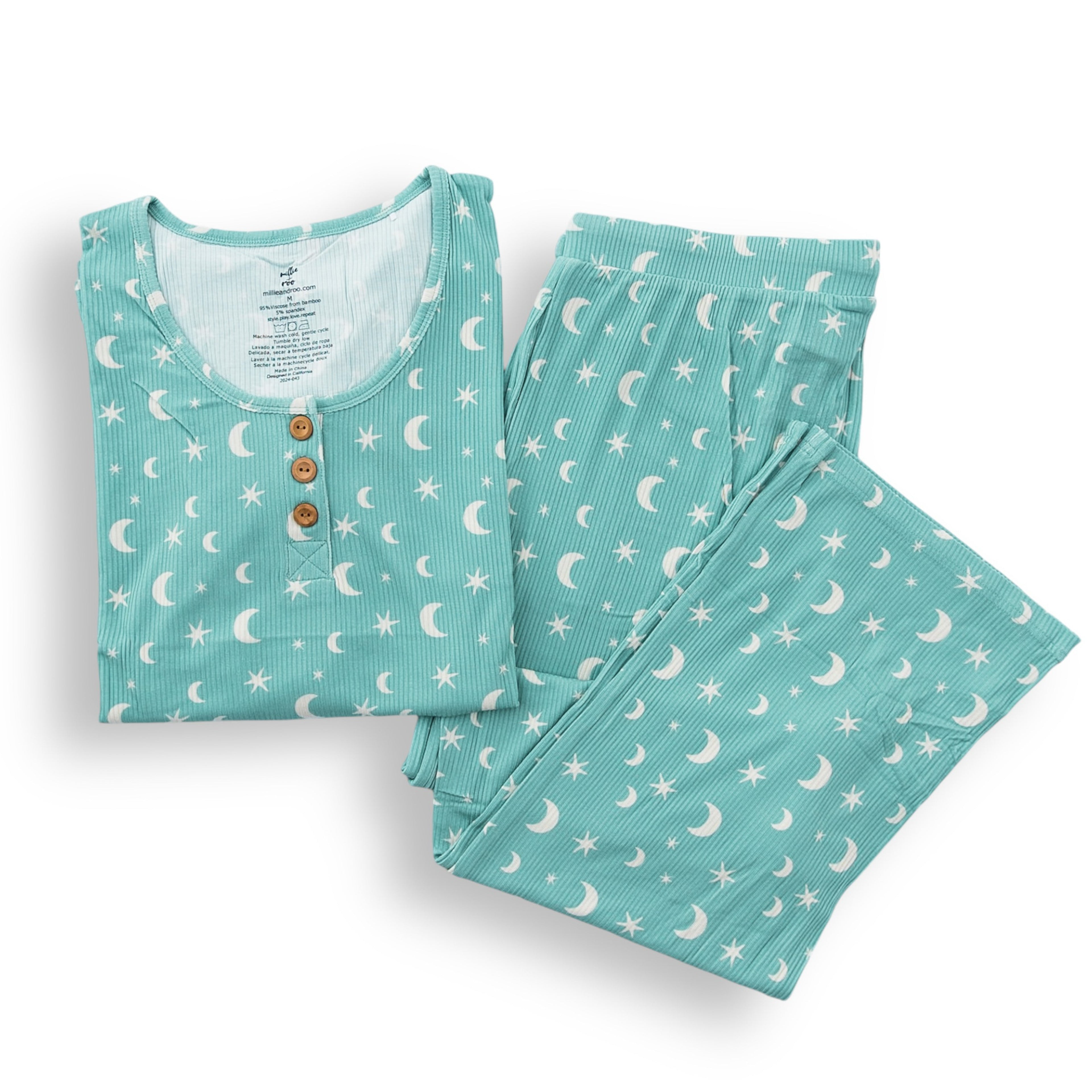 Womens Ribbed Moon and Stars Pajama Set in Teal - Image 3