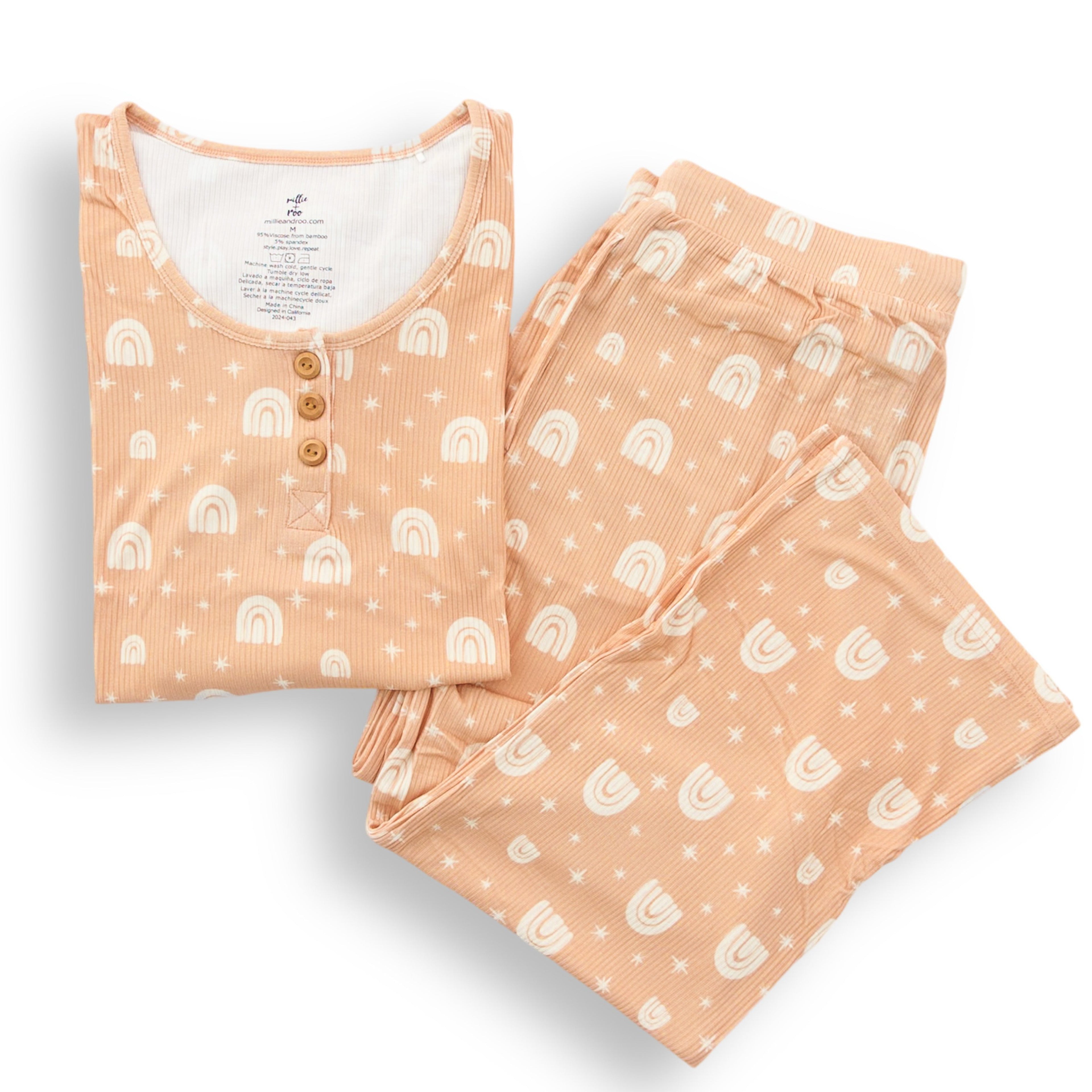 Womens Ribbed Bamboo Pajama Set Rainbow Print - Image 4