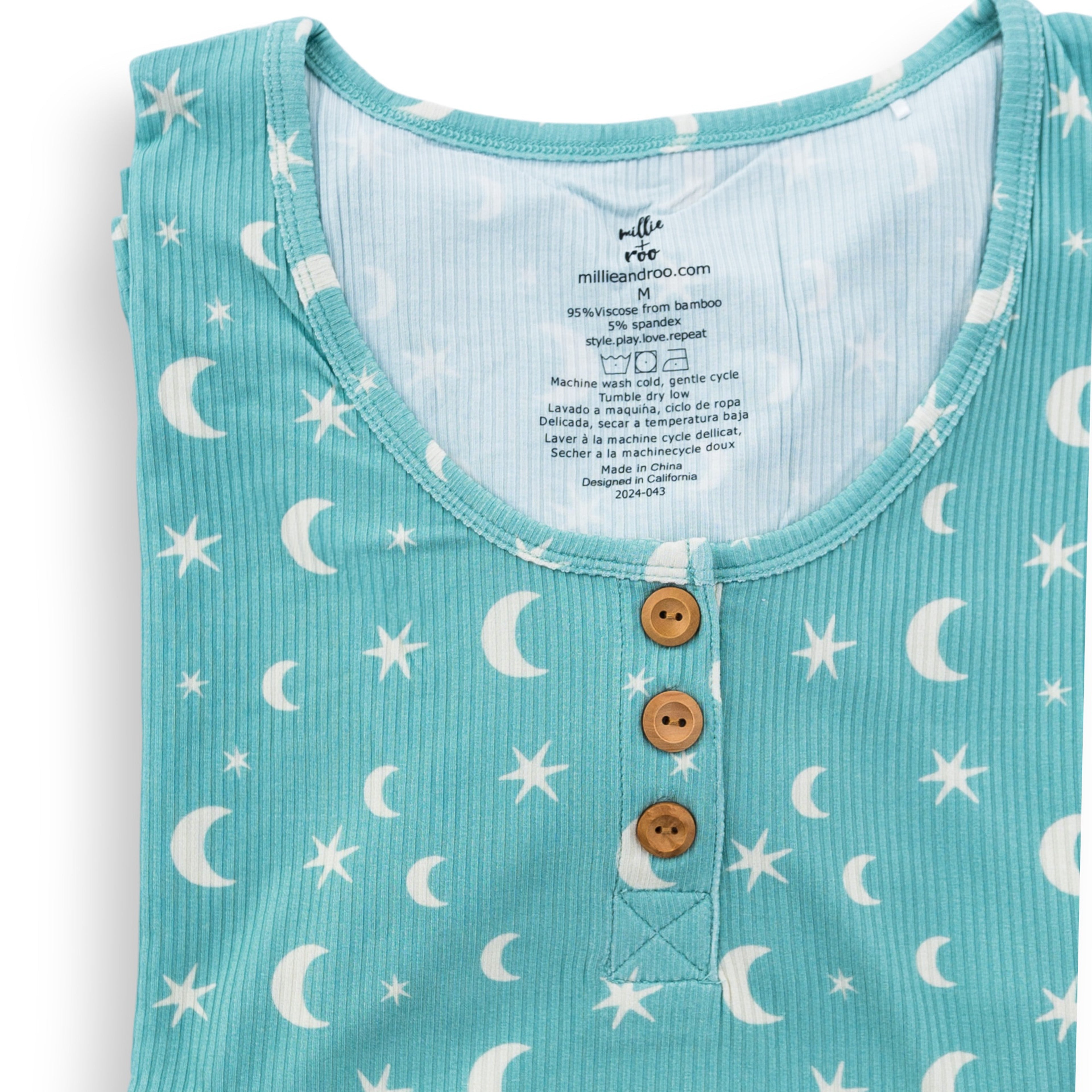 Womens Ribbed Moon and Stars Pajama Set in Teal - Image 4