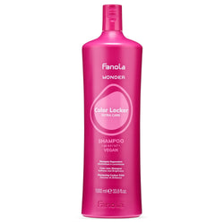 A large bottle of Fanola Wonder Color Locker Shampoo in vibrant magenta pink packaging.