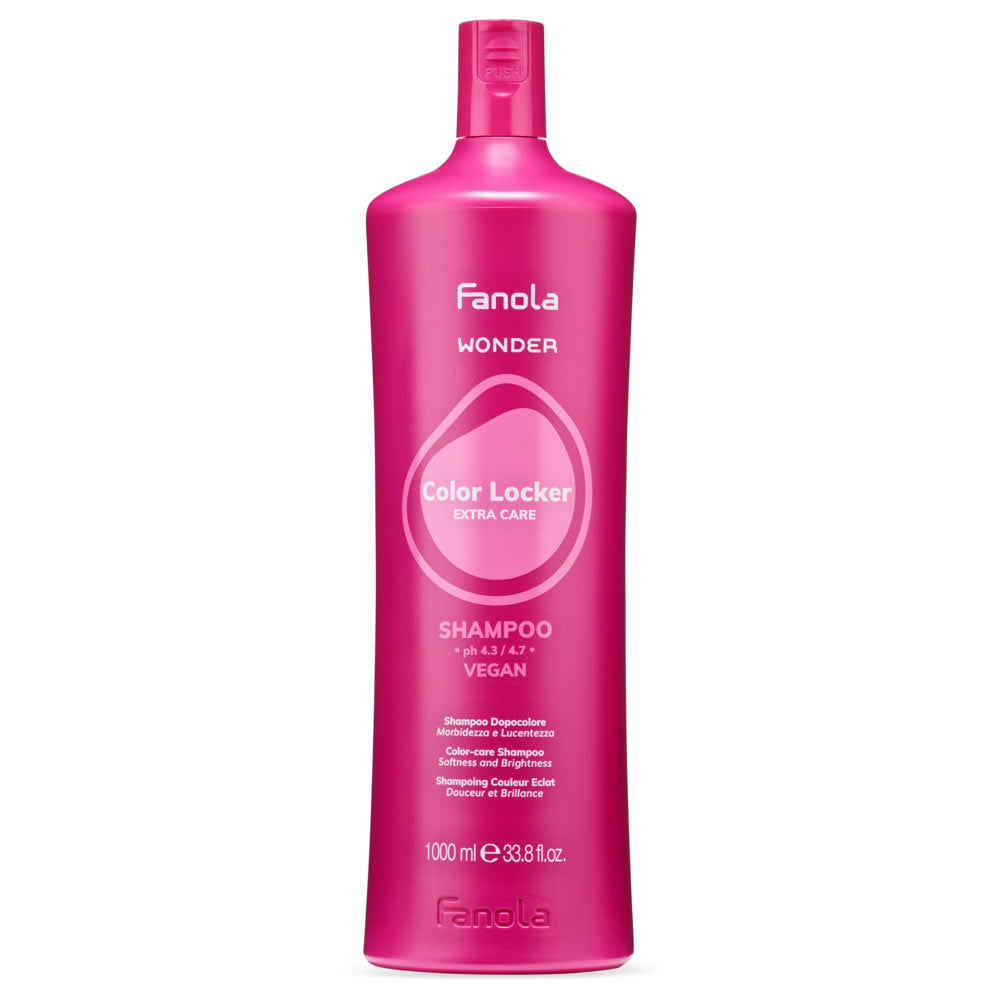 A large bottle of Fanola Wonder Color Locker Shampoo in vibrant magenta pink packaging.
