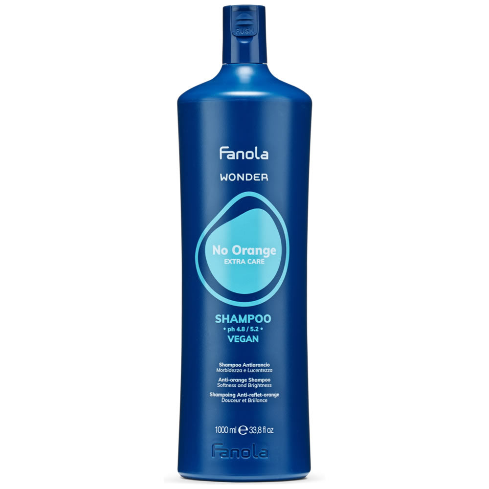 A 33.8oz bottle of Fanola Wonder No Orange Shampoo for neutralizing brassy tones in light brown and dark blonde hair.