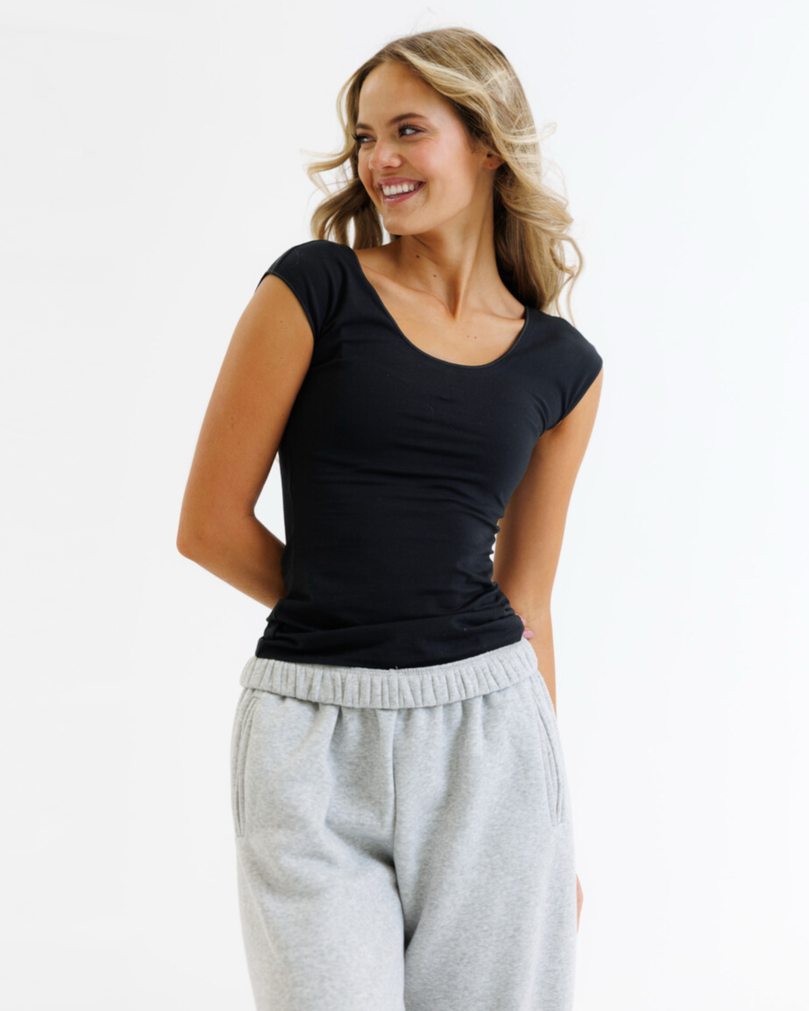 Wonder Tee Scoop Neck Cap Sleeve Fitted Cotton Tee in Cream - Image 10