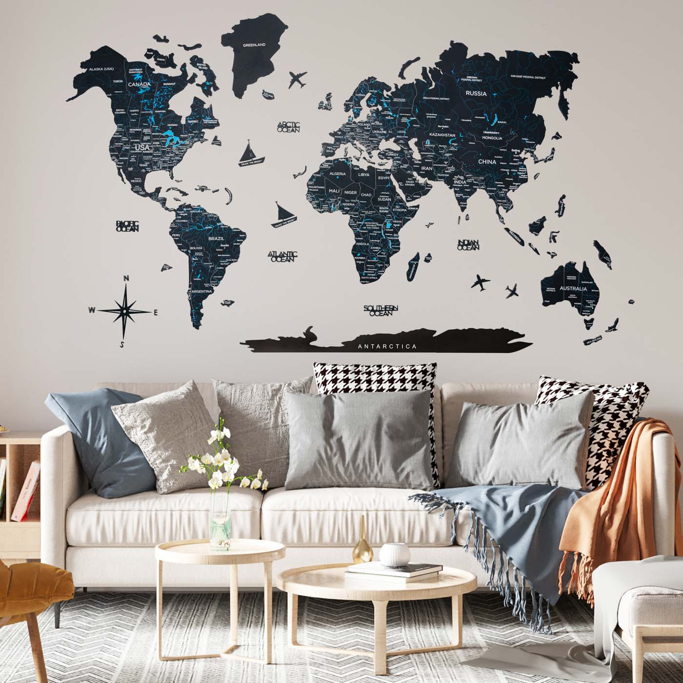 Wooden World Map Black Wall Art Decor for Living Room Office