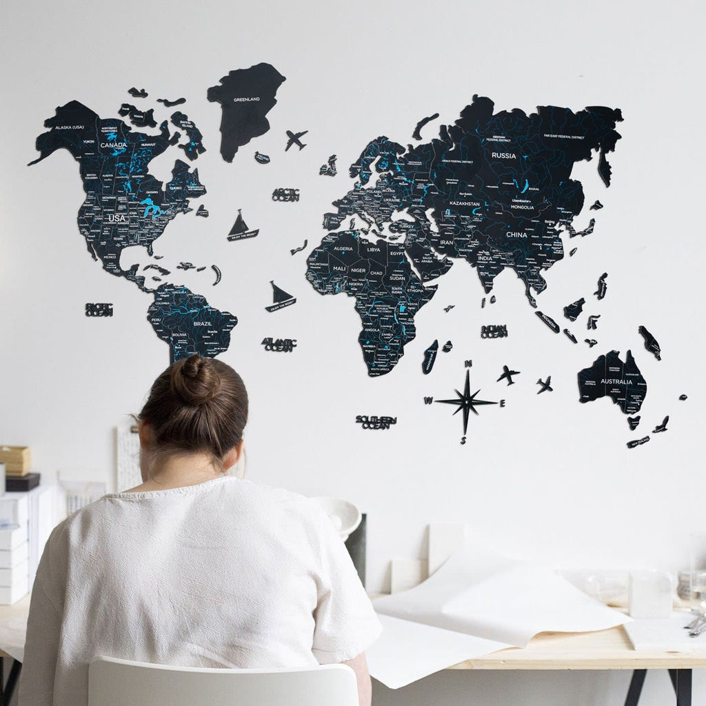 Wooden World Map Black Wall Art Decor for Living Room Office
