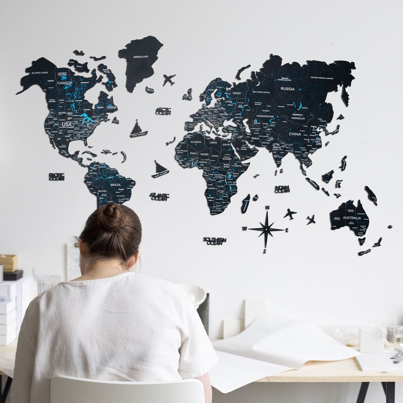 Wooden World Map Black Wall Art Decor for Living Room Office