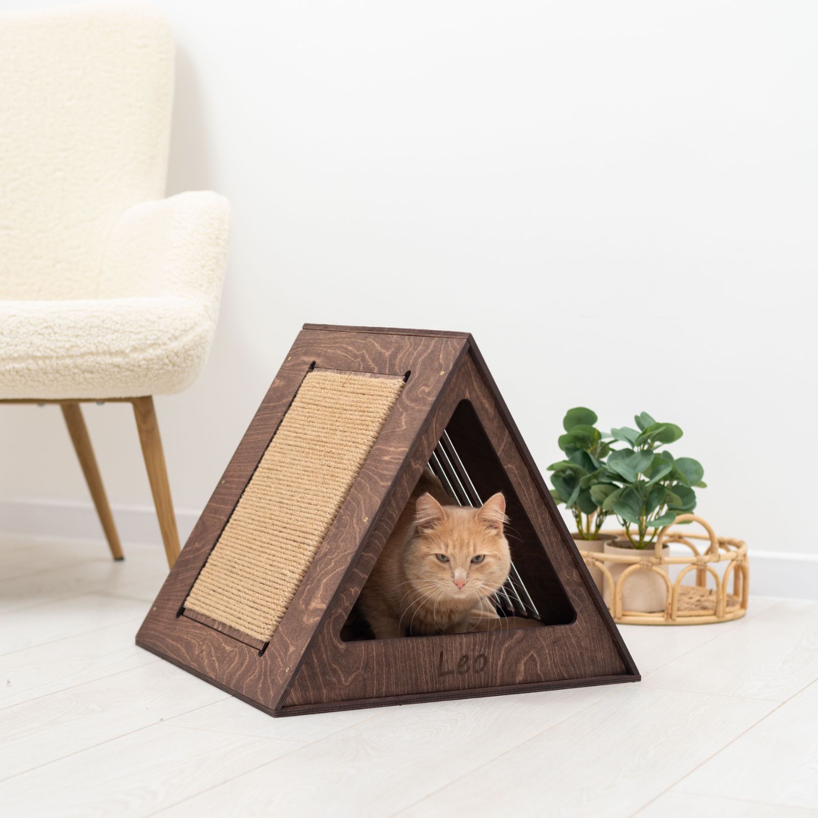 Modern Wooden Cat House in Dark Walnut