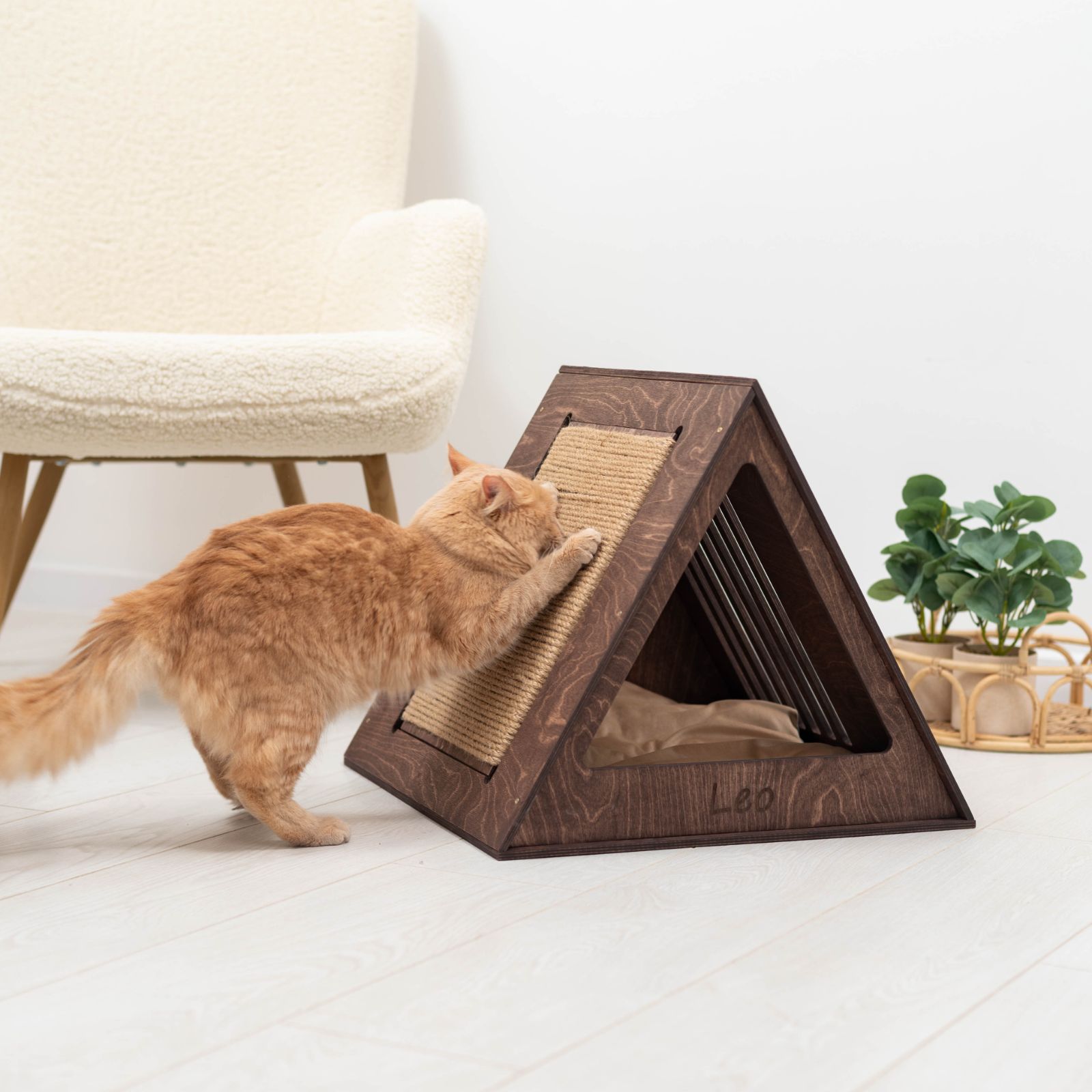 Modern Wooden Cat House in Dark Walnut