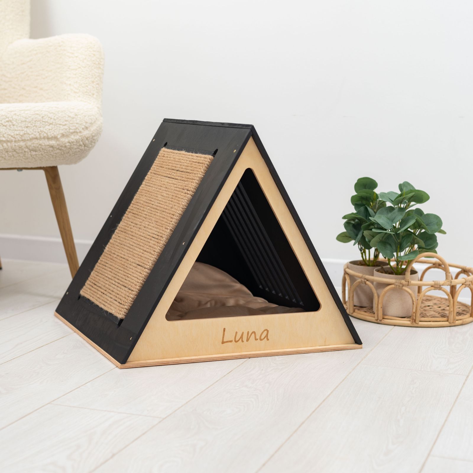 Stylish Wooden Cat House - Modern Black Enclosed Pet Furniture