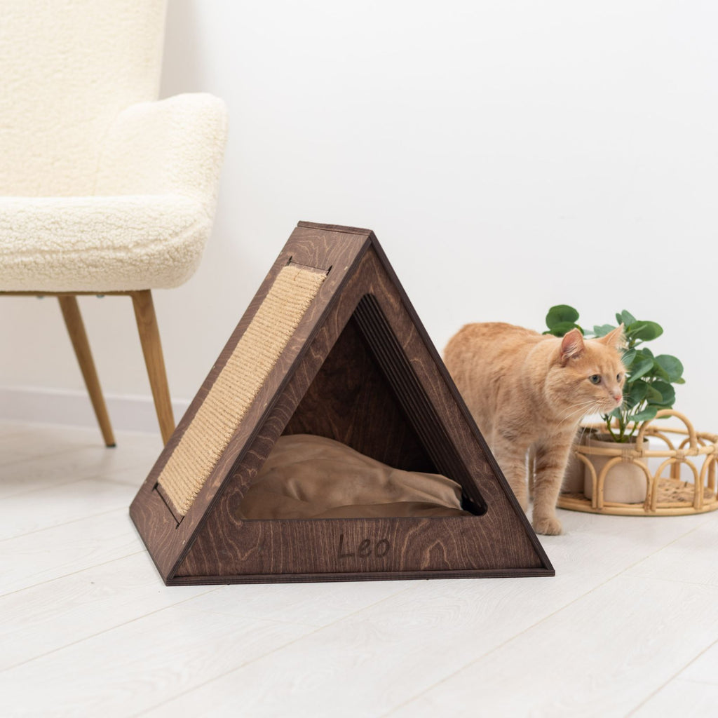 Modern Wooden Cat House in Dark Walnut