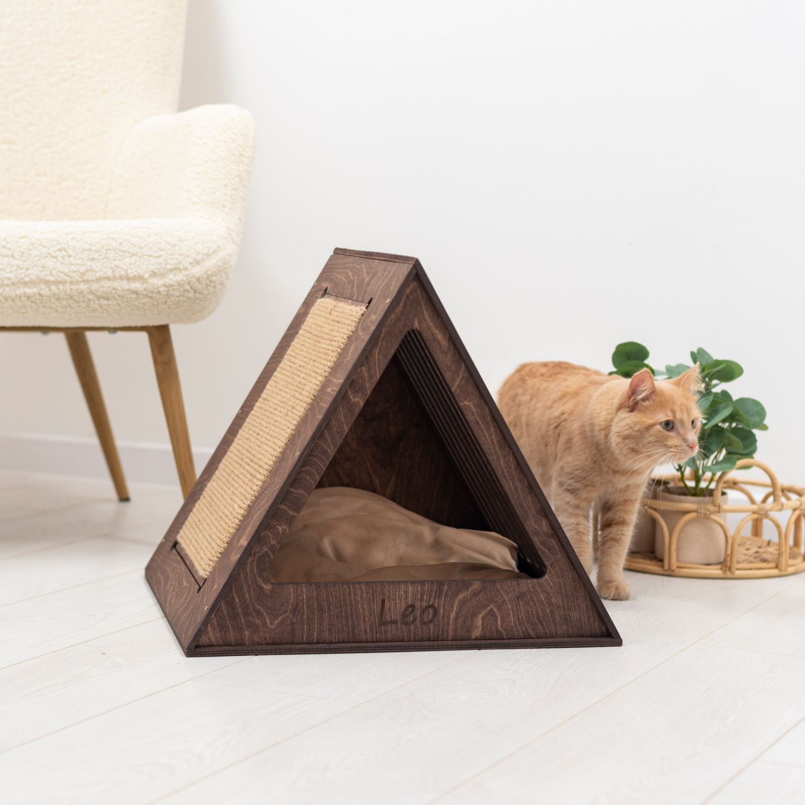 Modern Wooden Cat House in Dark Walnut