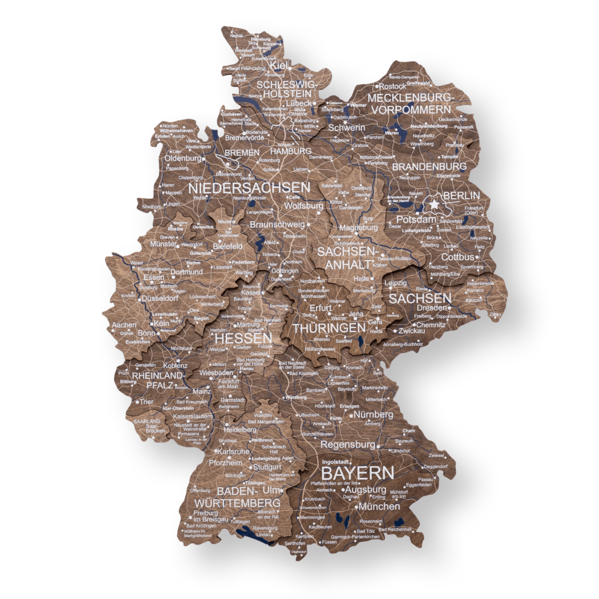 3D Germany Wooden Map in Dark Walnut - Detailed Wall Decor