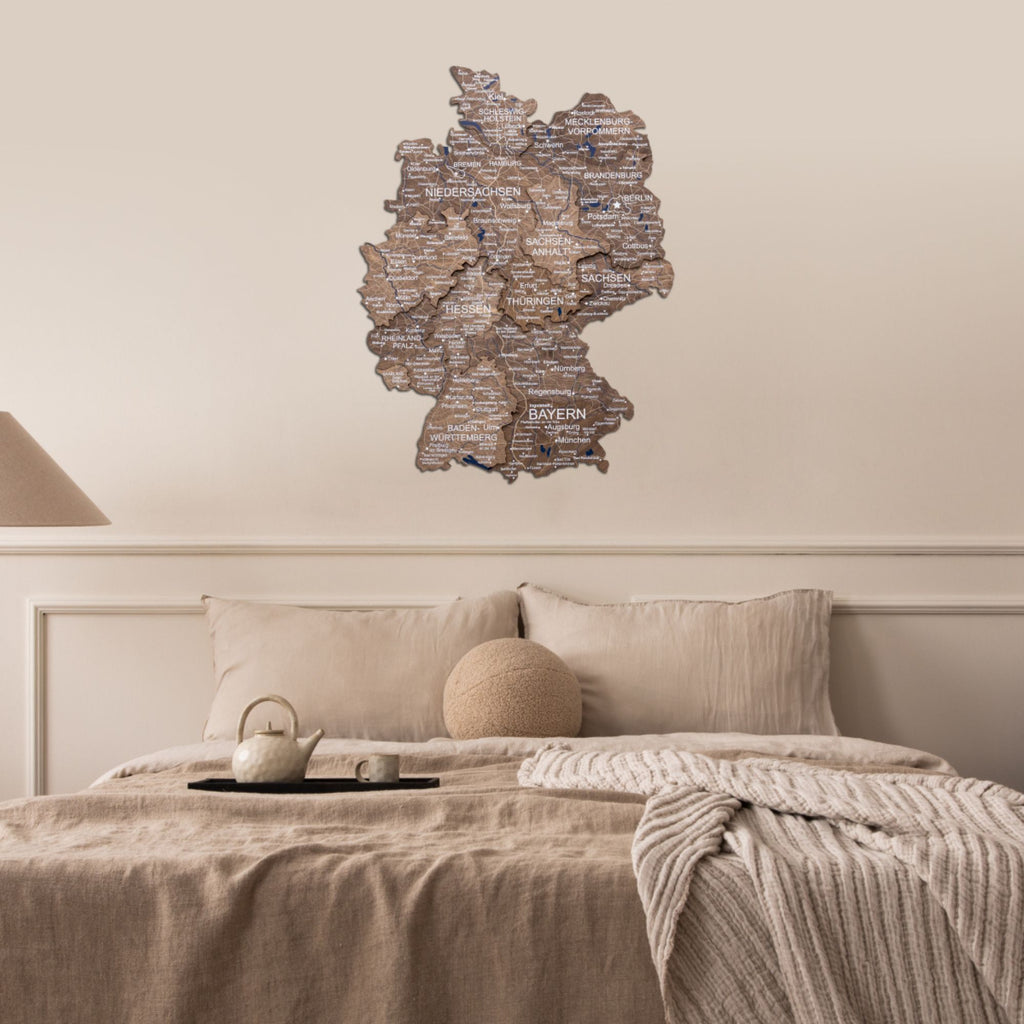 3D Germany Wooden Map in Dark Walnut - Detailed Wall Decor