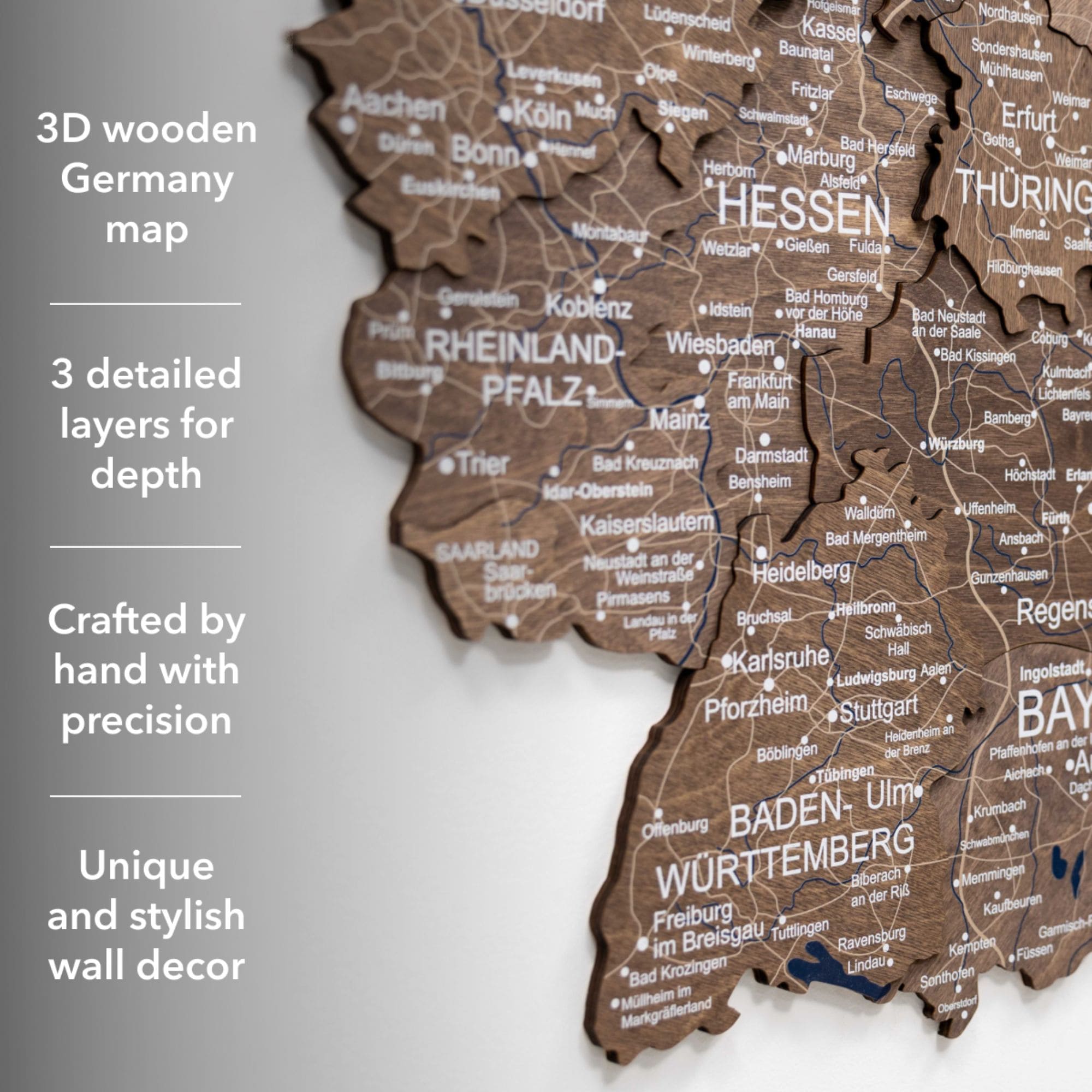 3D Germany Wooden Map in Dark Walnut - Detailed Wall Decor