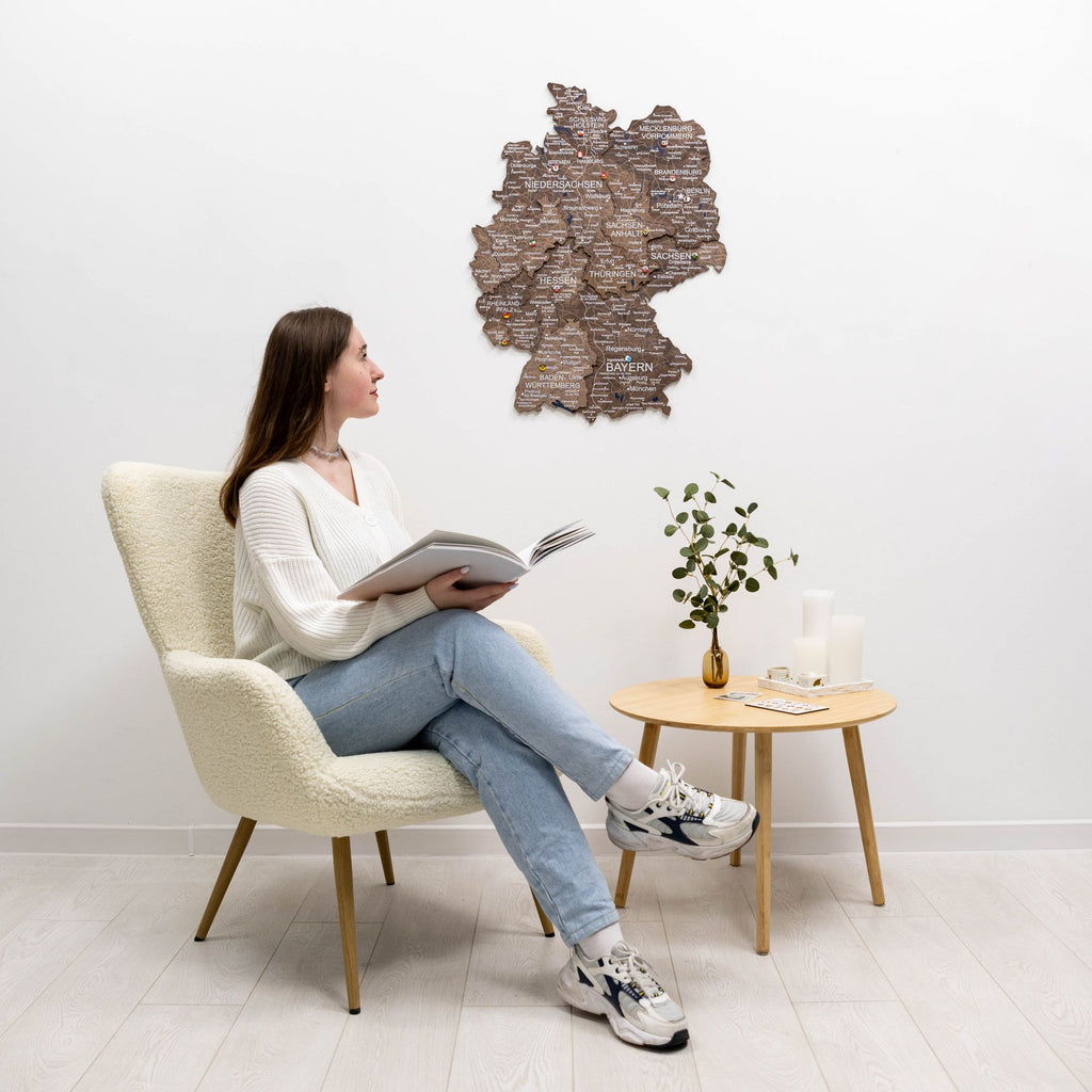 3D Germany Wooden Map in Dark Walnut - Detailed Wall Decor