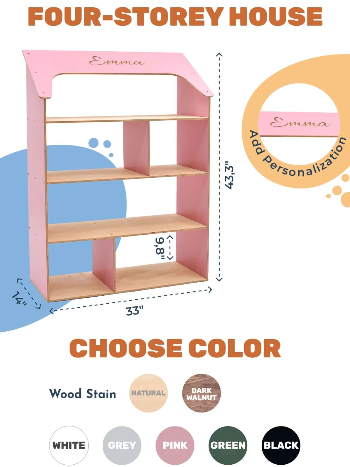 Pink Dollhouse Bookcase for Kids - Montessori Inspired Storage