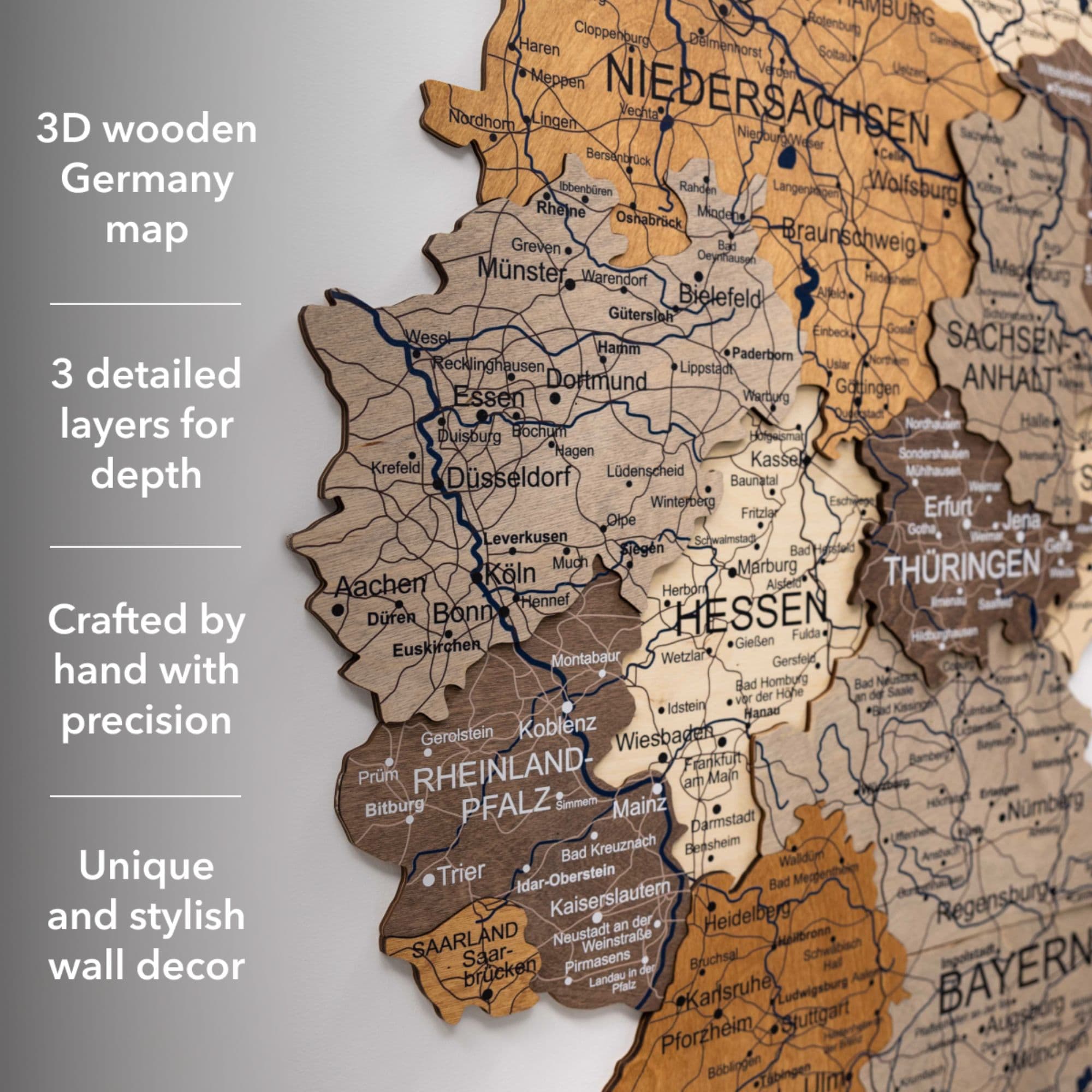 3D Germany Wooden Map Multicolor - Detailed Wall Decor