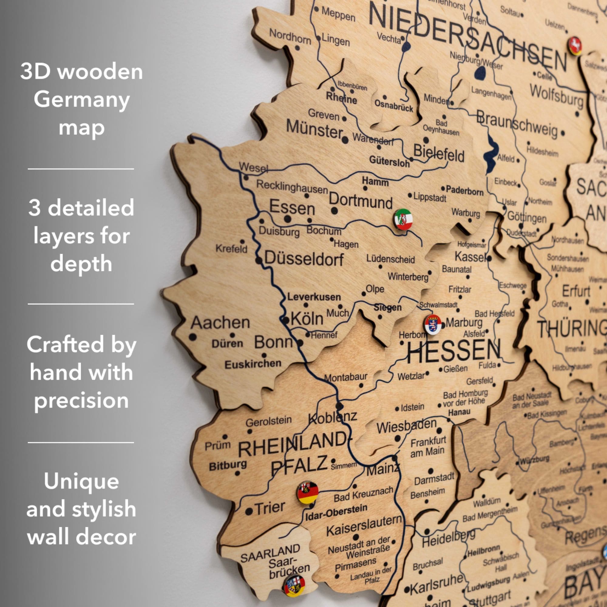 3D Germany Wooden Map Gold - Handcrafted Detailed Wall Decor