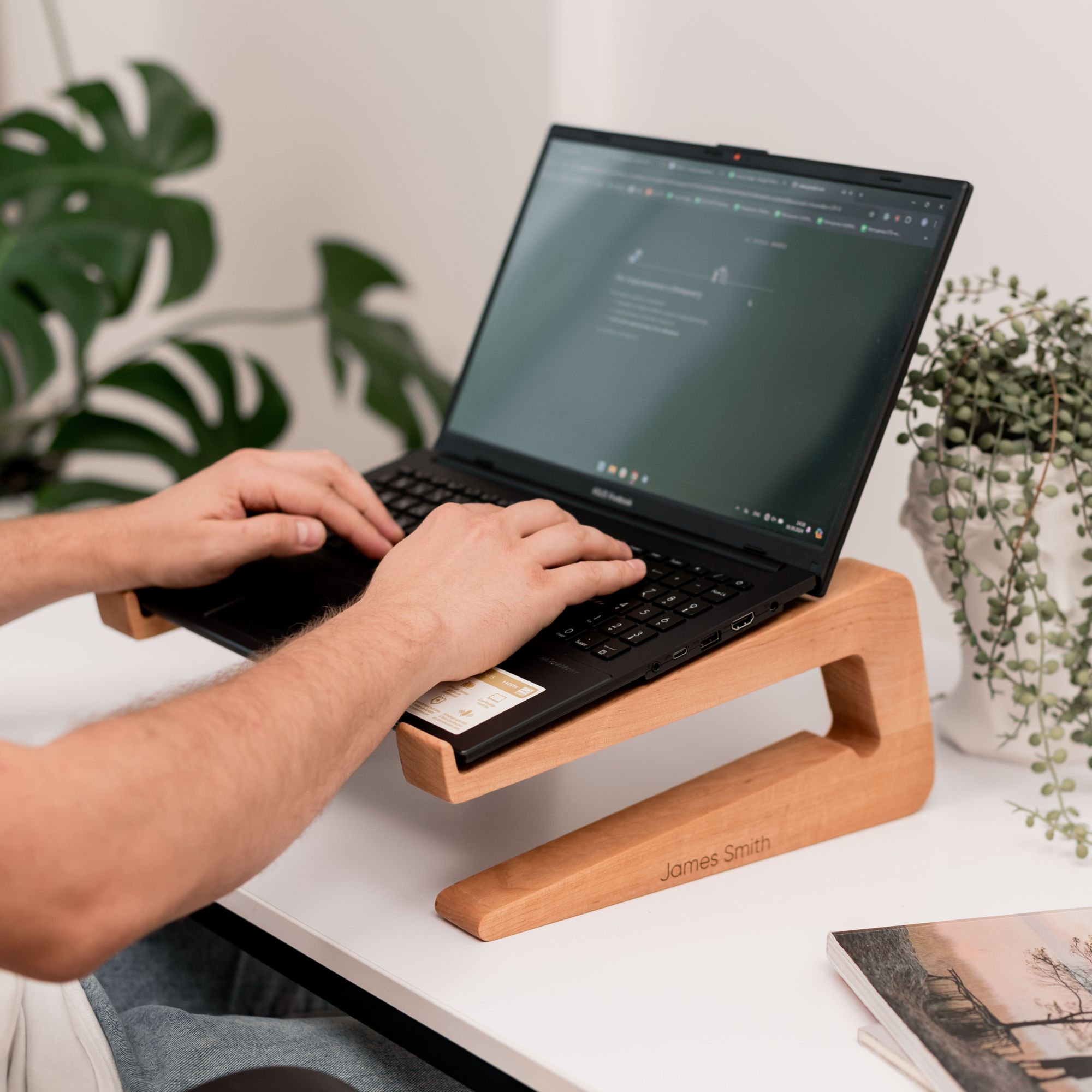 Dual Laptop Dock Stand – Solid Hardwood Desktop Organizer