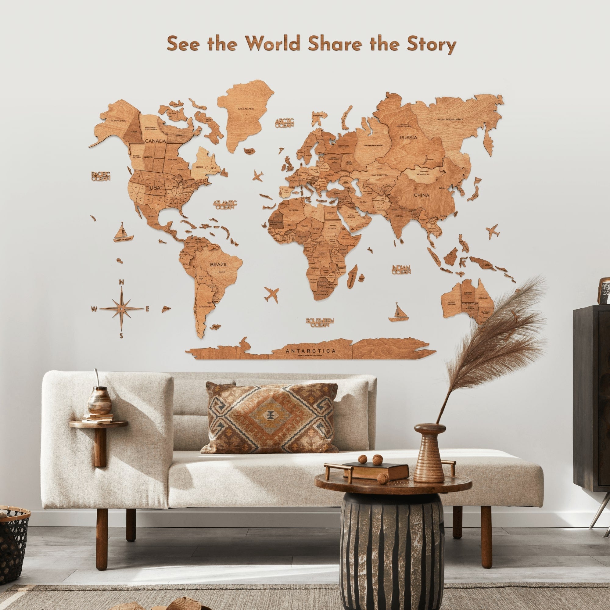 Wooden Map Quote Sign in Natural Oak for Travel Wall Displays