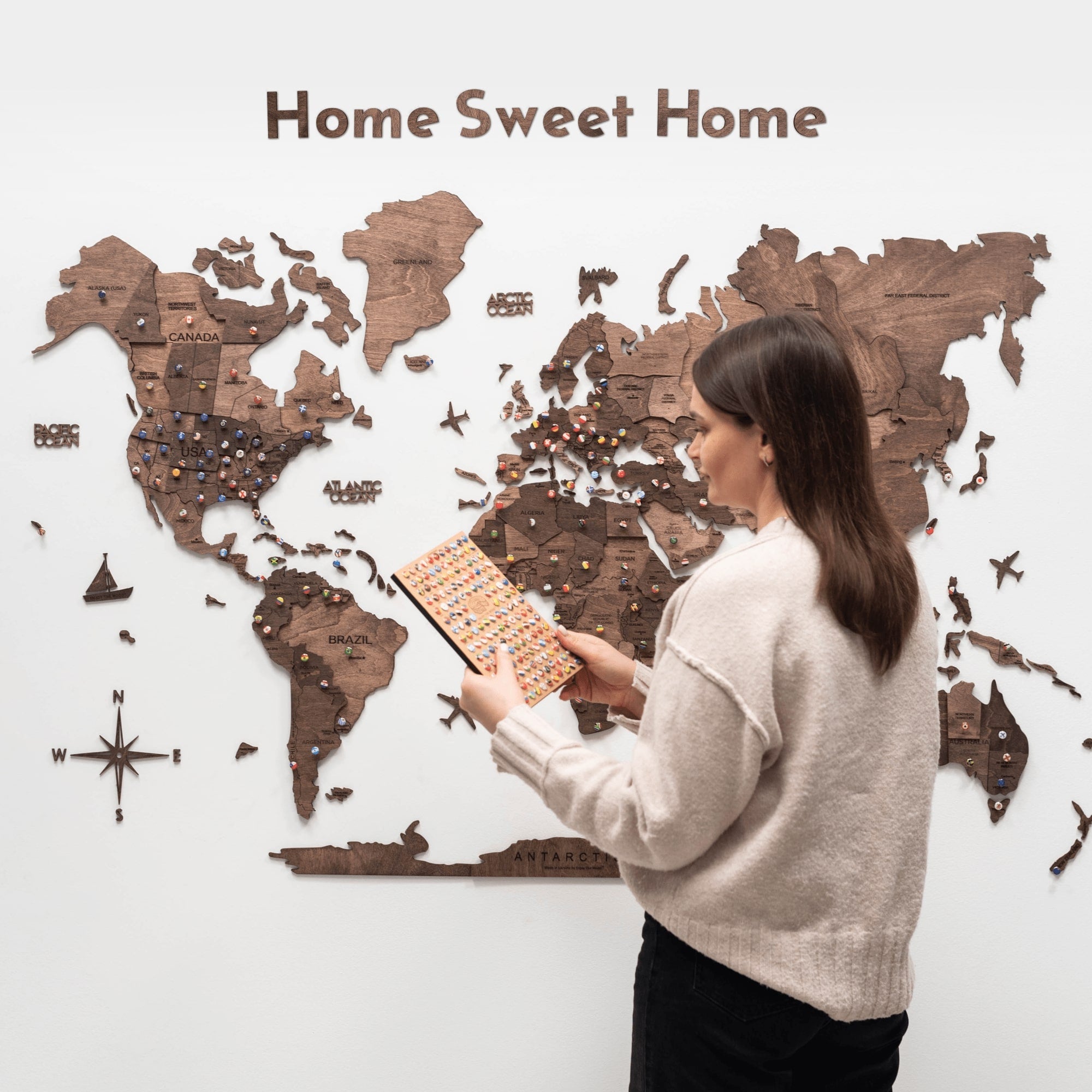 Wooden Map Quote Sign in Dark Walnut – Travel Decor Accent