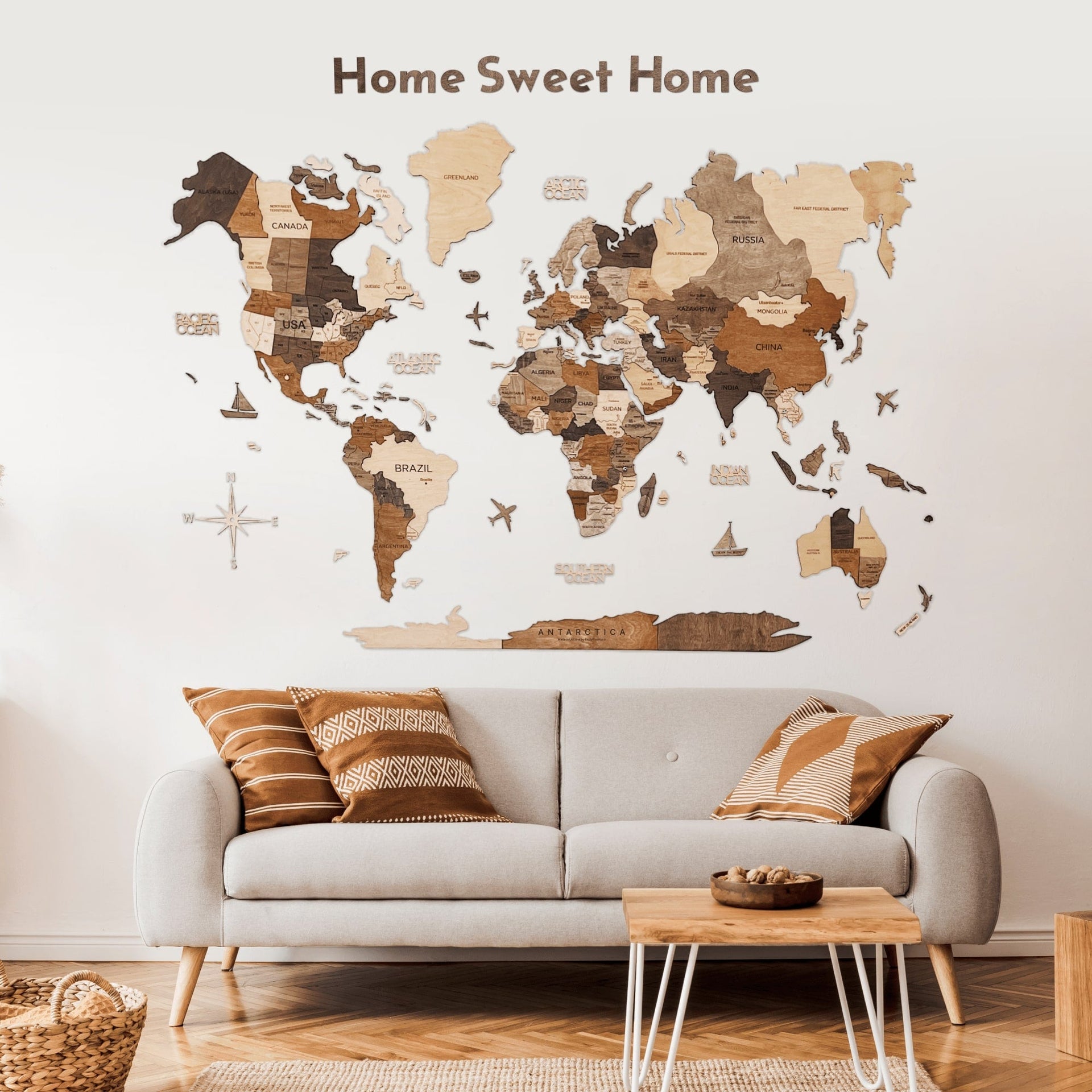 Wooden Map Quotes Wall Art – Modern Travel-Inspired Decor